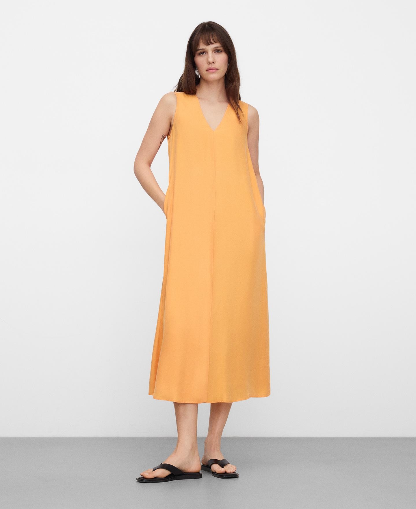 Vestido Midi Acetinado com Decote em V Laranja-claro-2