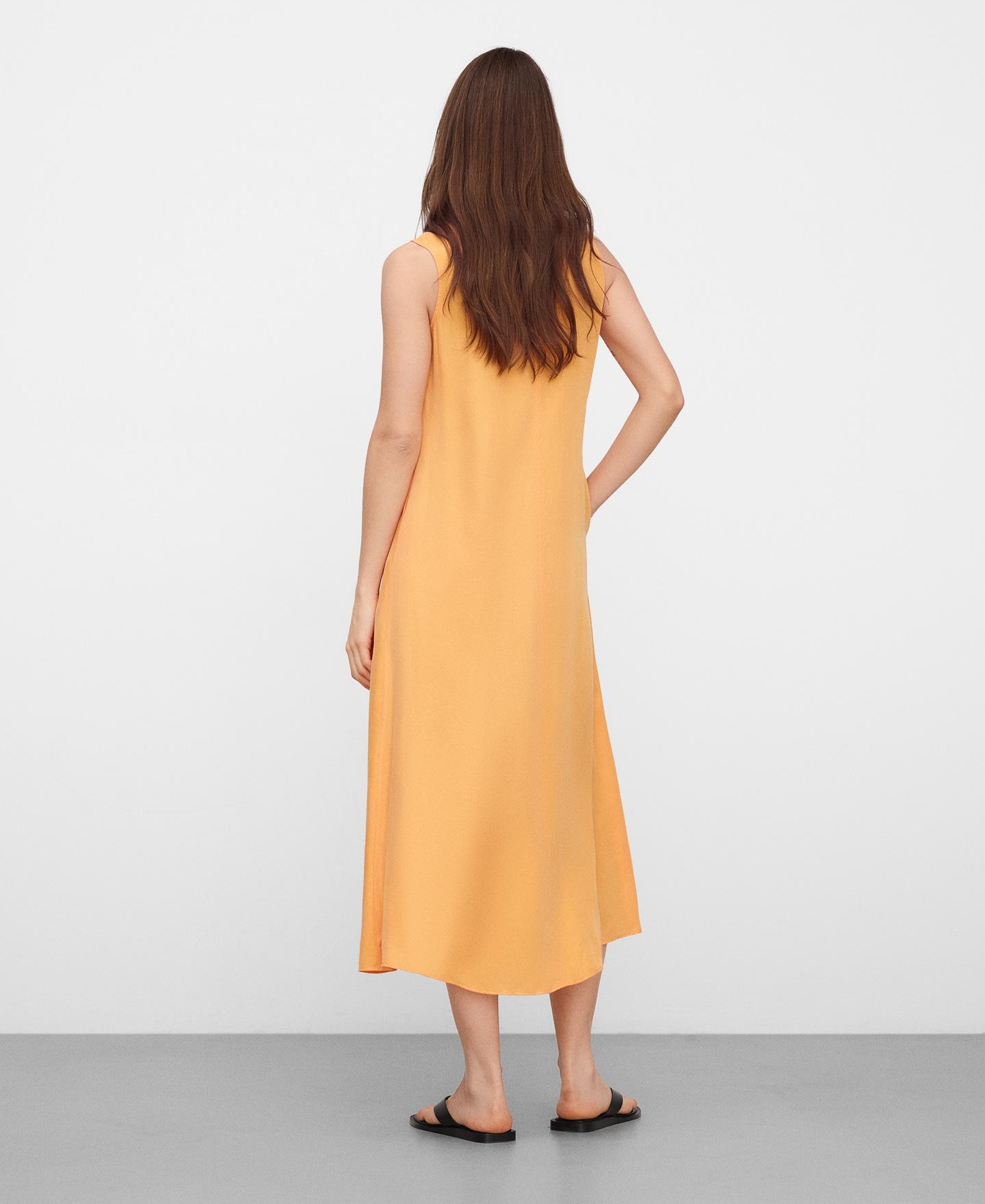 Vestido Midi Acetinado com Decote em V Laranja-claro-3