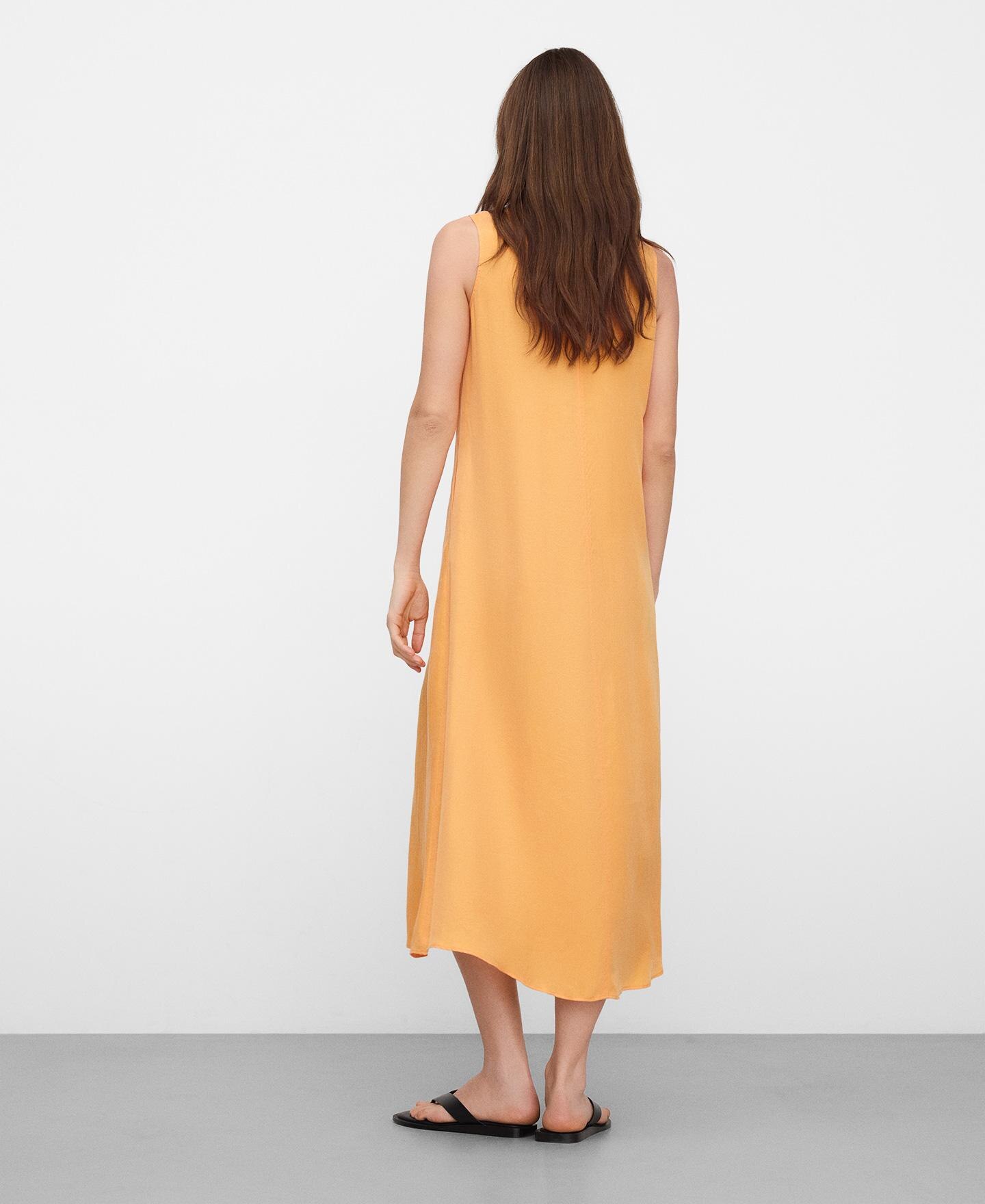 Vestido Midi Acetinado com Decote em V Laranja-claro-5