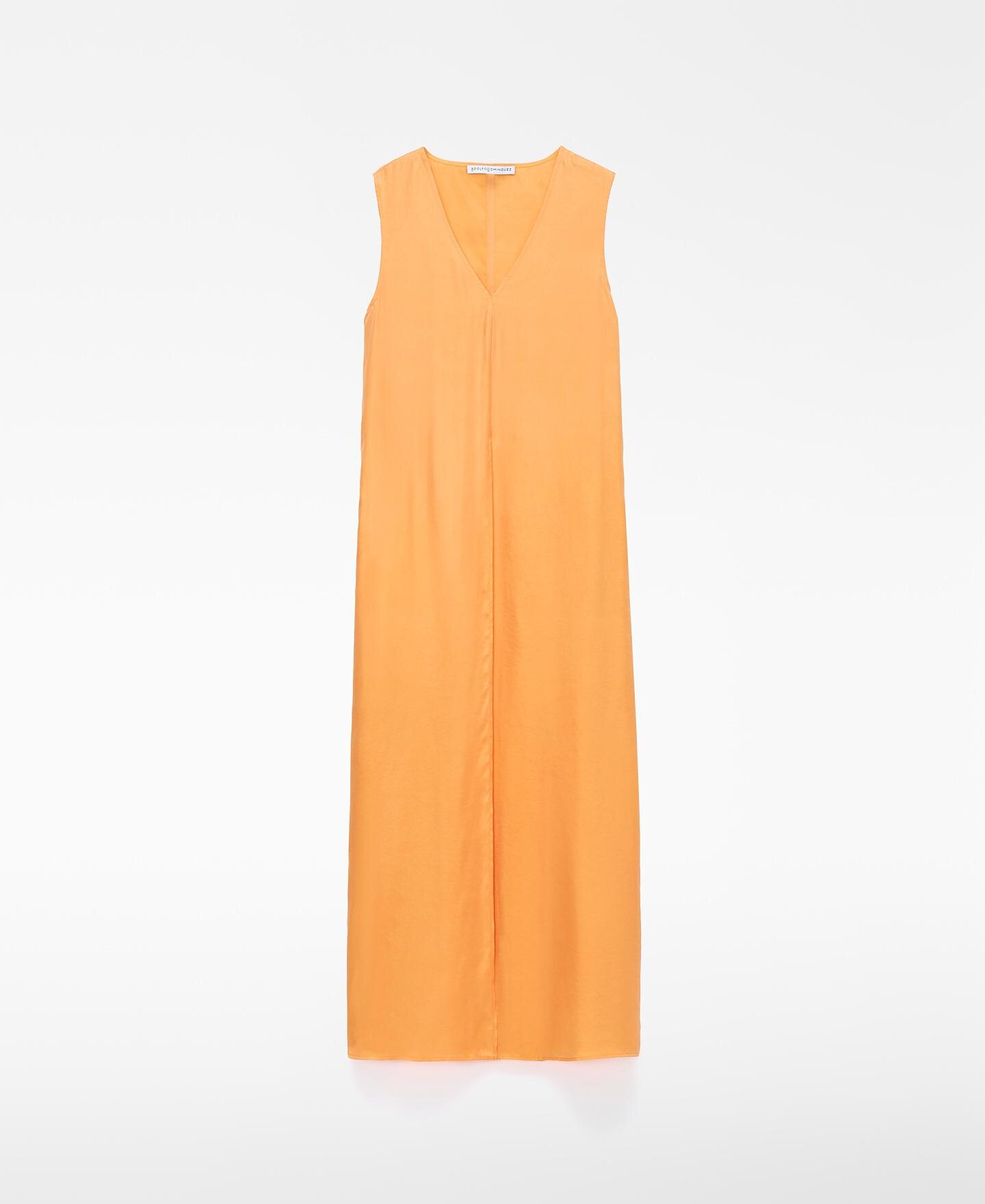 Vestido Midi Acetinado com Decote em V Laranja-claro-6