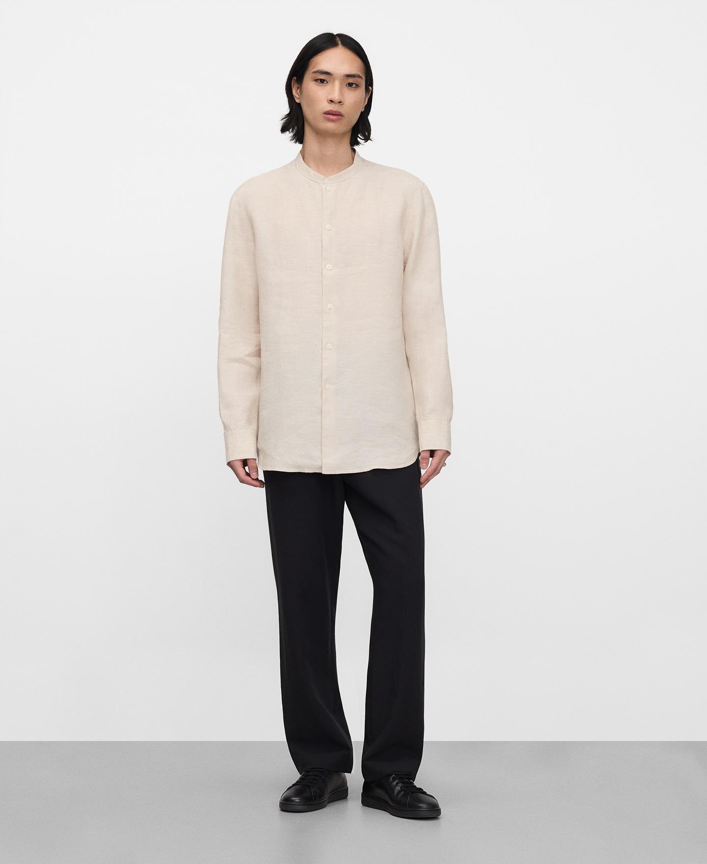 Camisa de Gola À Padre de Manga Comprida em Linho Europeu Natural-2