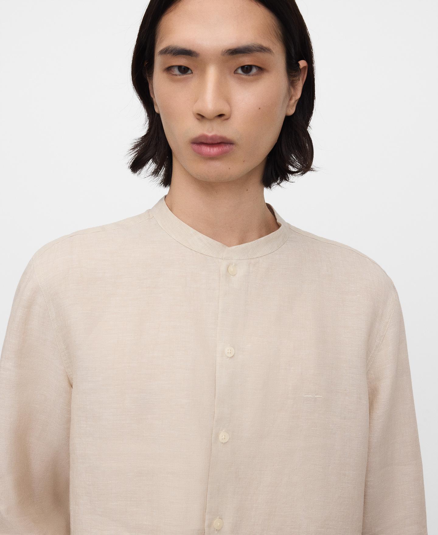 Camisa de Gola À Padre de Manga Comprida em Linho Europeu Natural-4