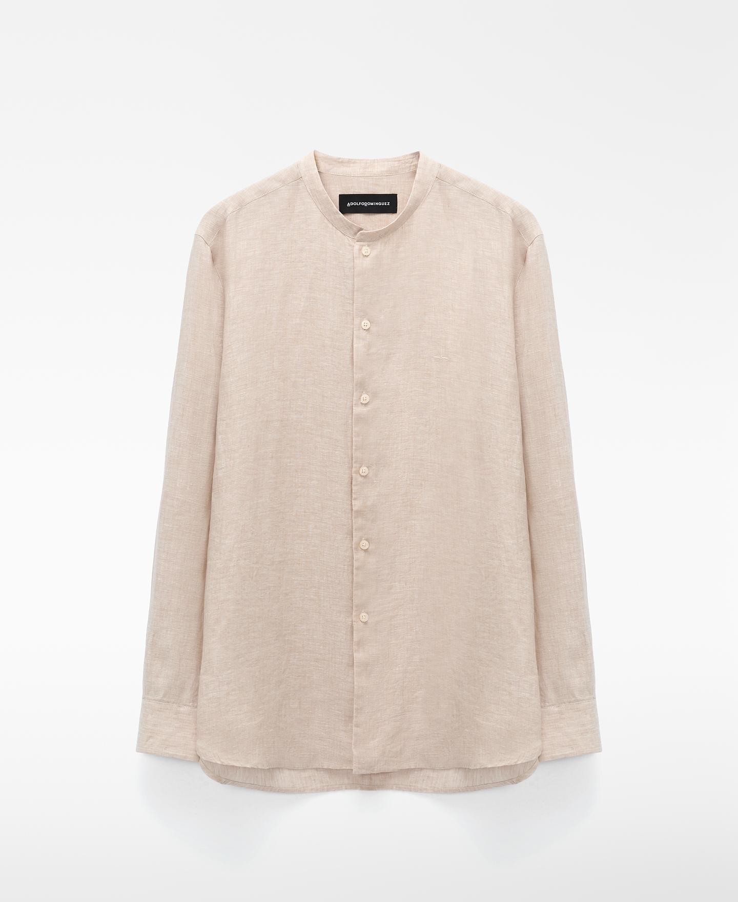Camisa de Gola À Padre de Manga Comprida em Linho Europeu Natural-5