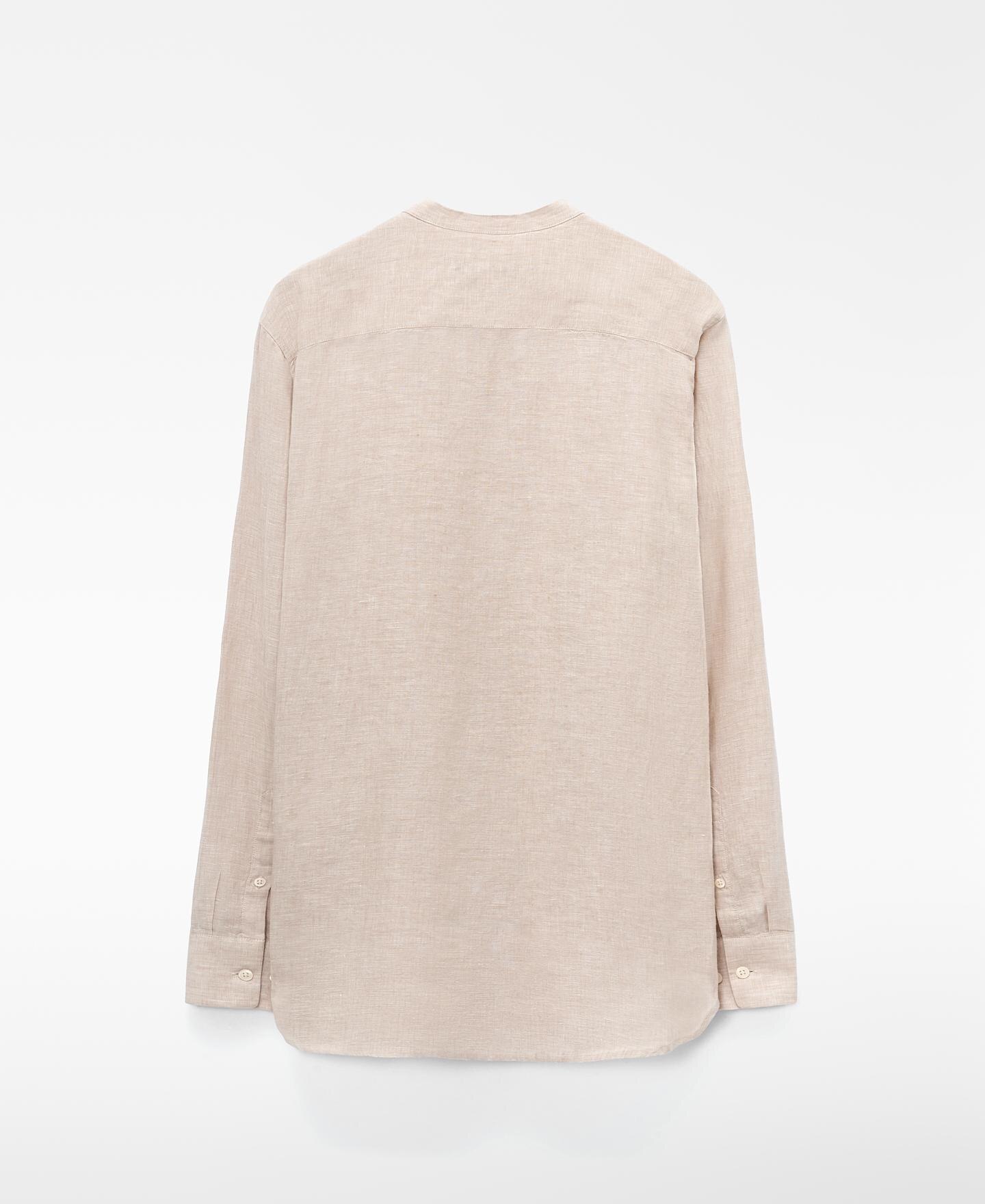 Camisa de Gola À Padre de Manga Comprida em Linho Europeu Natural-6