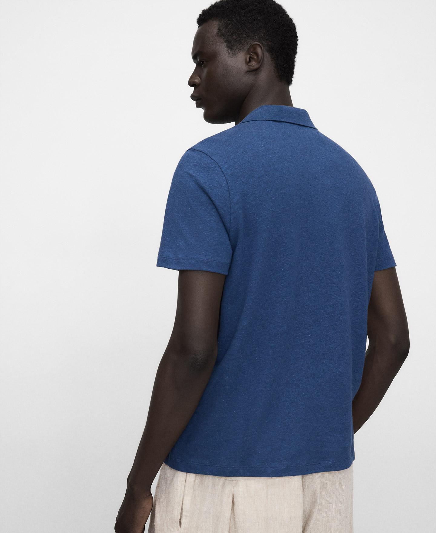 Polo de Manga Curta de Gola em V em Linho Europeu e Algodão Azul-3