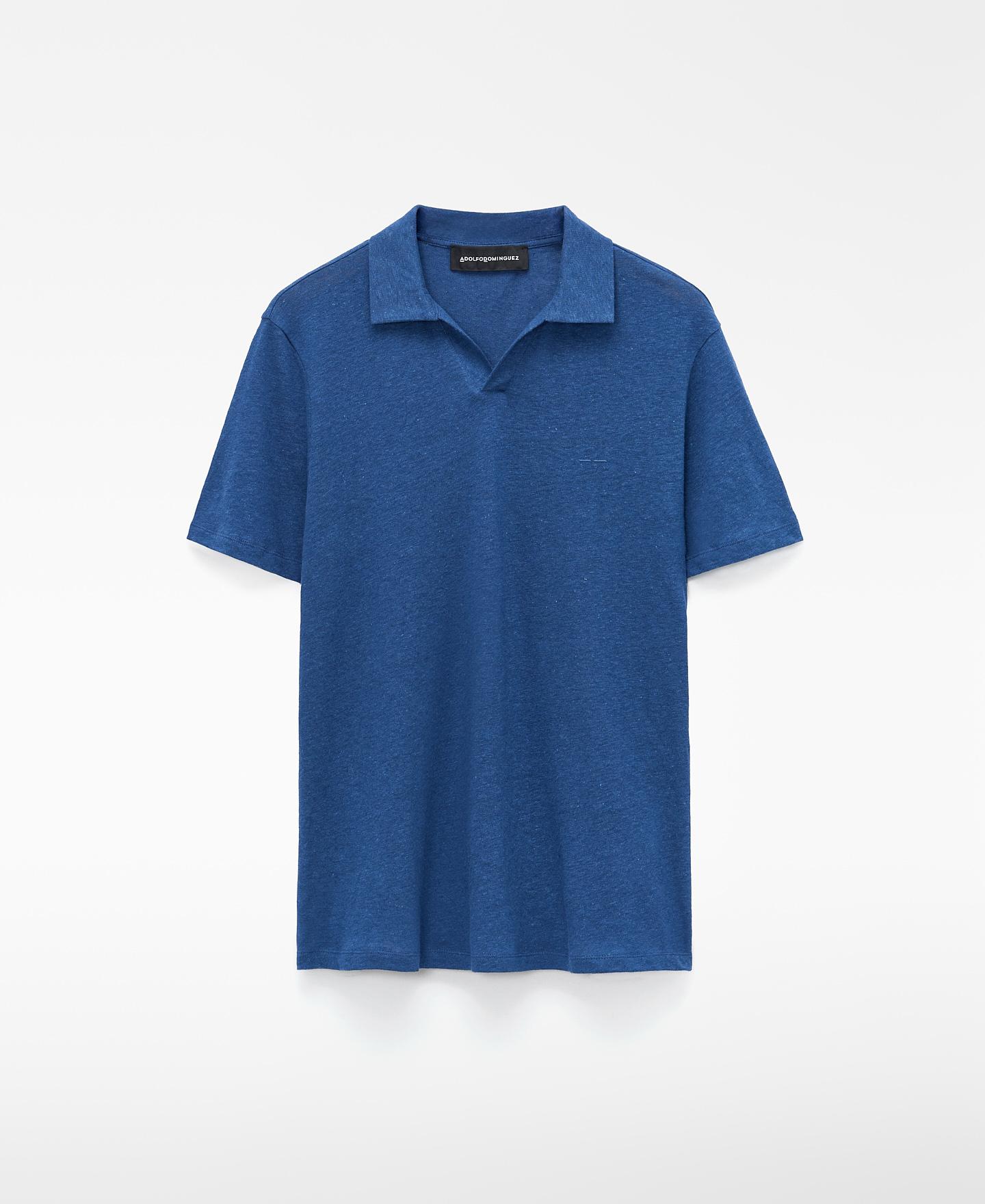 Polo de Manga Curta de Gola em V em Linho Europeu e Algodão Azul-5