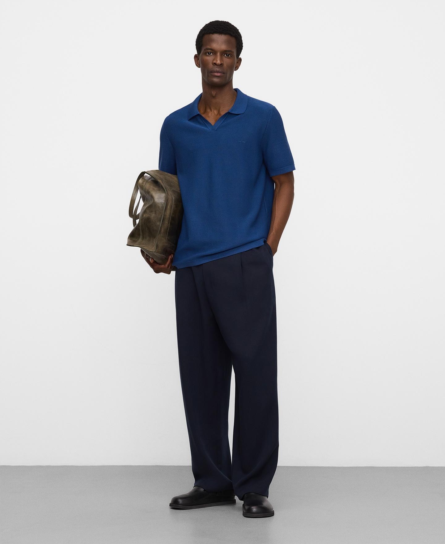 Polo de Manga Curta em Malha Estrutura com Gola em V Azul denim-2