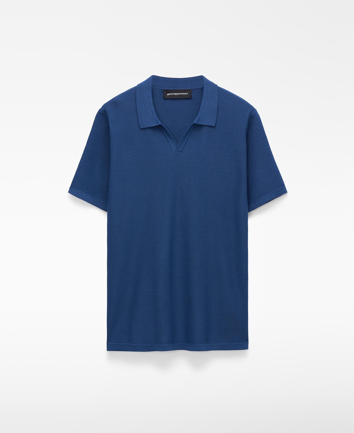 Polo de Manga Curta em Malha Estrutura com Gola em V Azul denim-5