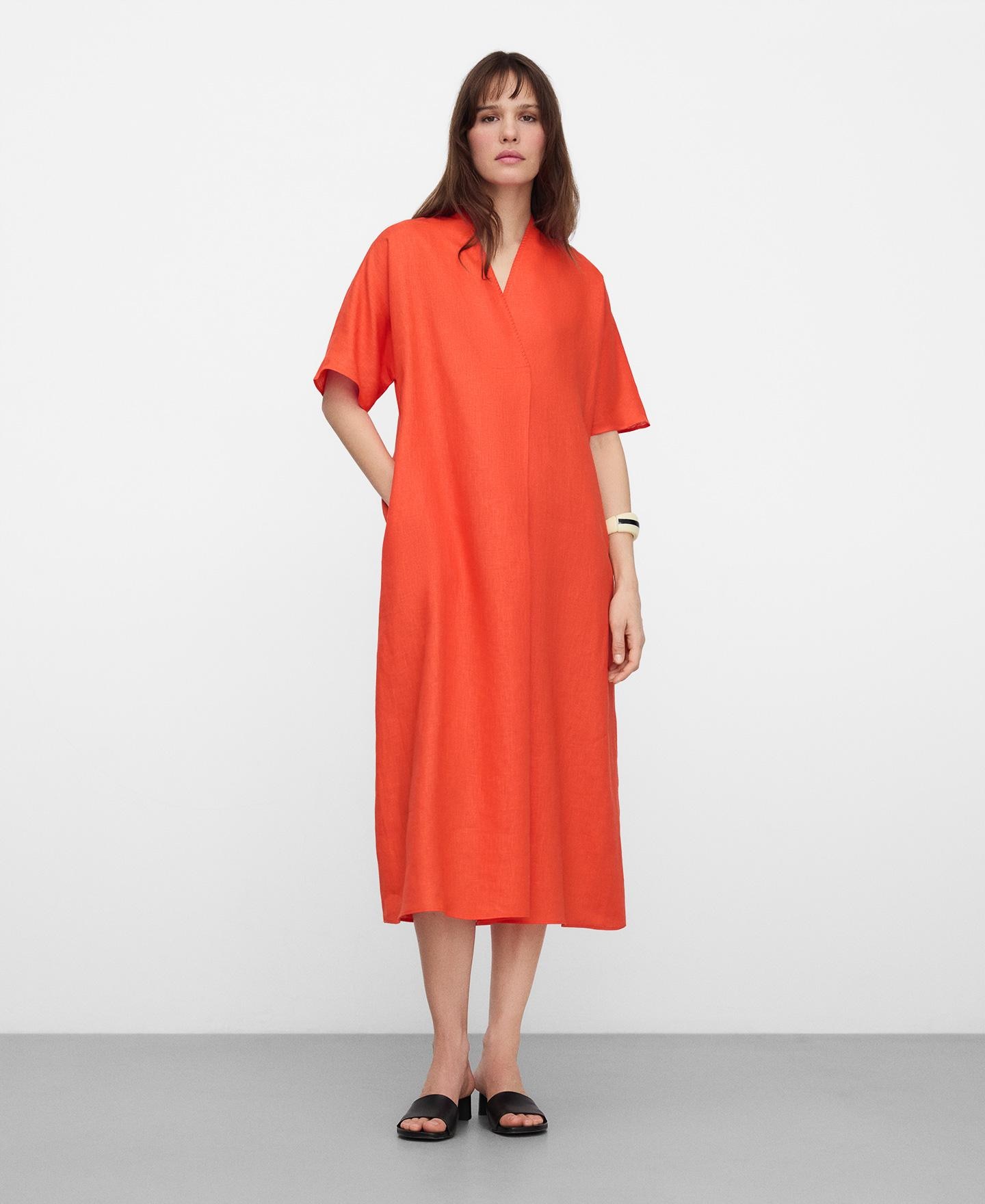 Vestido Midi Relaxed Fit em Linho Europeu Vermelho-2
