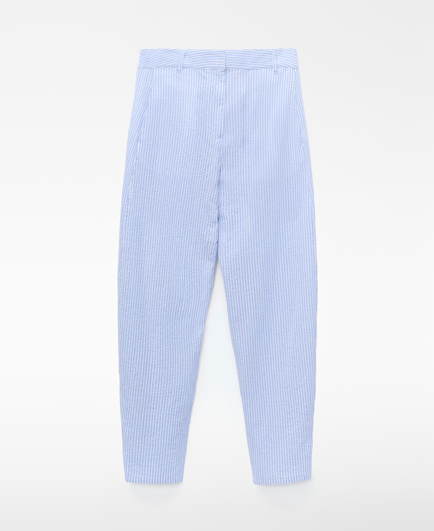Calças Largas Barrel Fit em Tecido Seersucker Azul/Branco-5