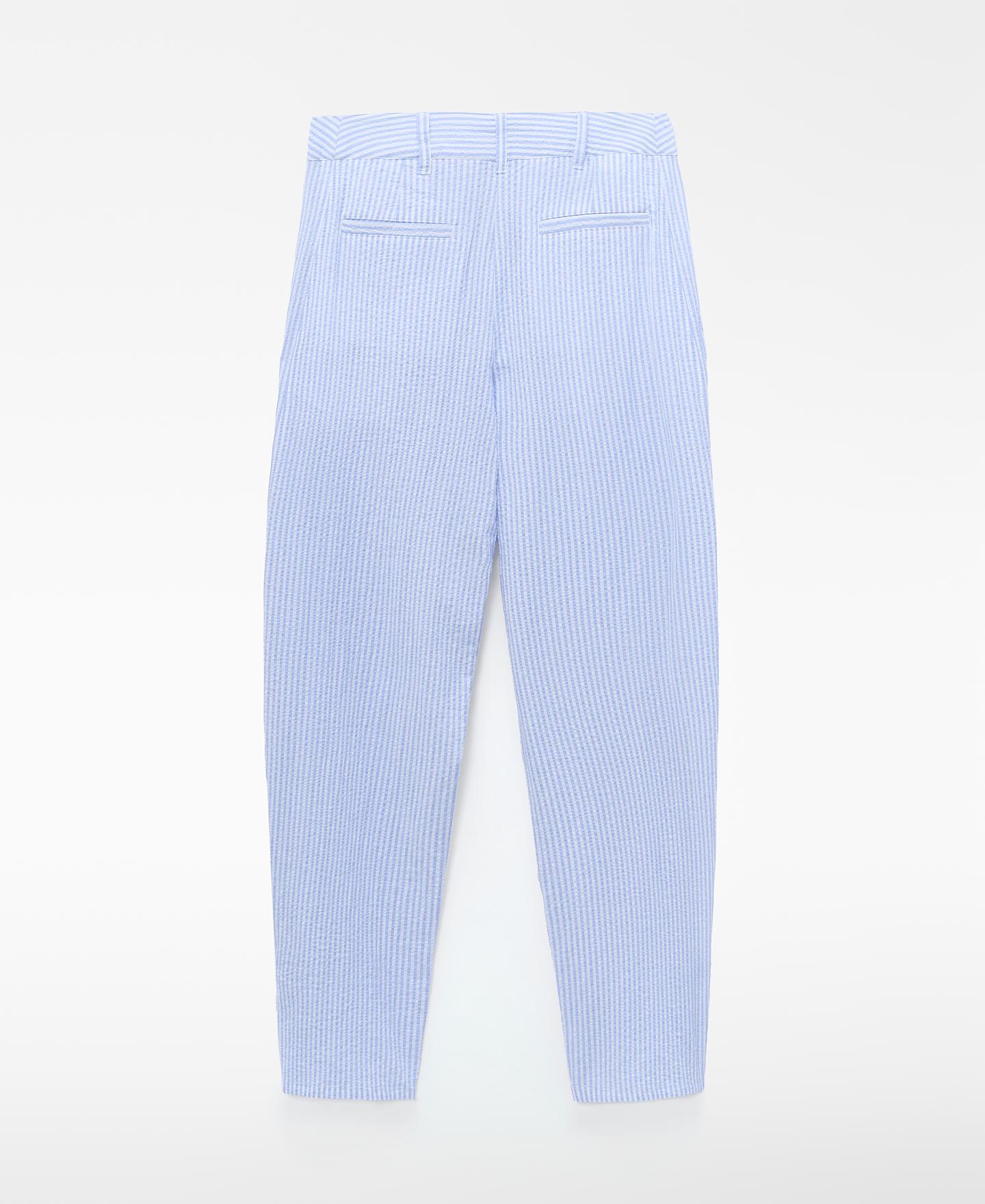 Calças Largas Barrel Fit em Tecido Seersucker Azul/Branco-6