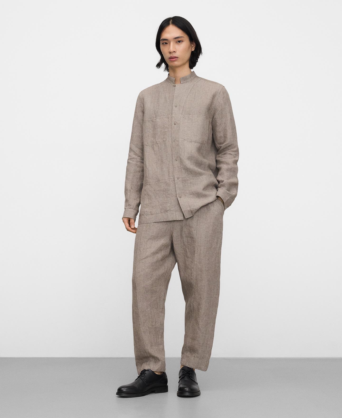 Camisa de Linho com Gola À Padre em Linho Europeu Bege-2