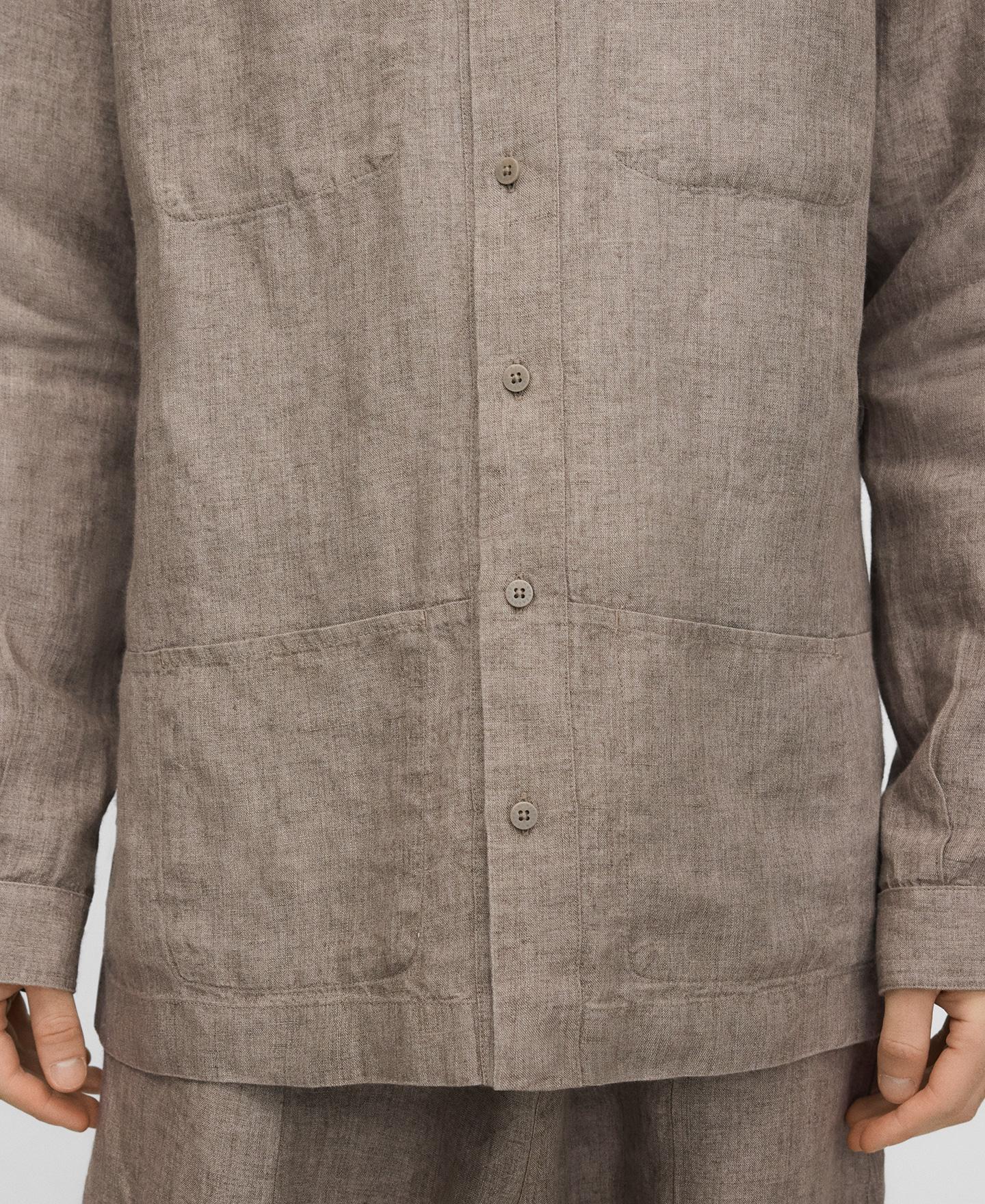 Camisa de Linho com Gola À Padre em Linho Europeu Bege-4