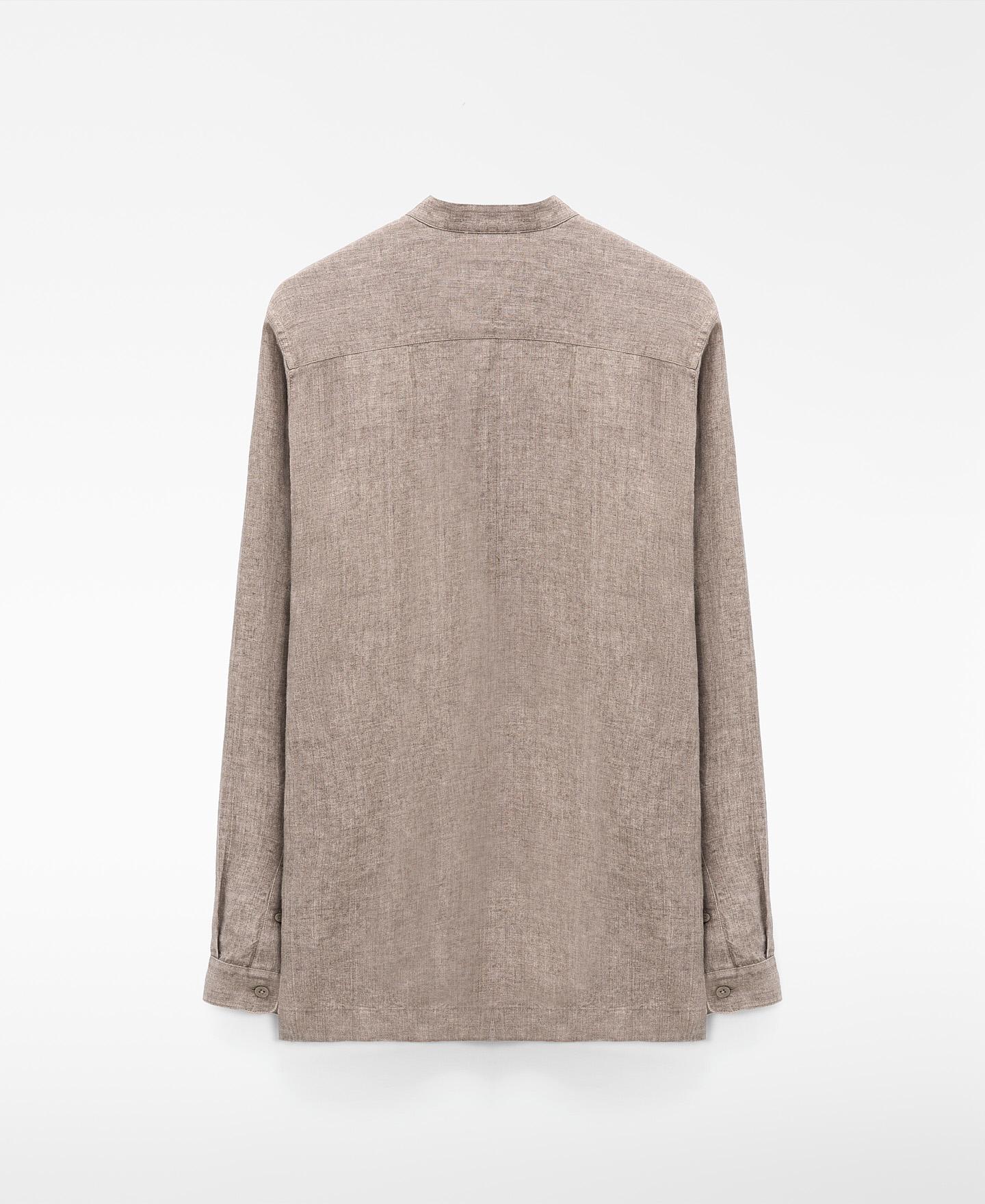 Camisa de Linho com Gola À Padre em Linho Europeu Bege-6