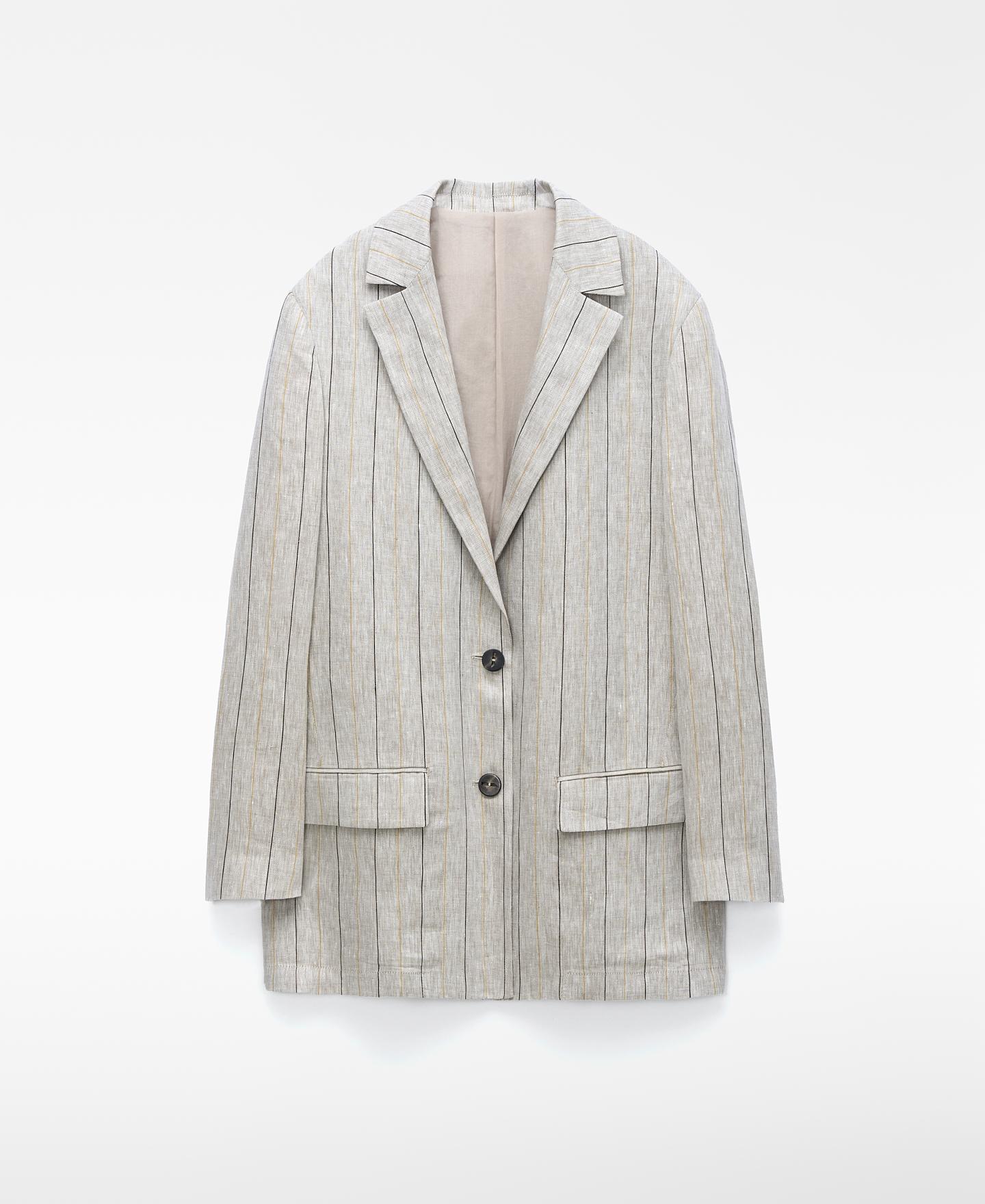 Blazer Às Riscas em Linho Europeu Carvalho / Branco / Cinzento-5