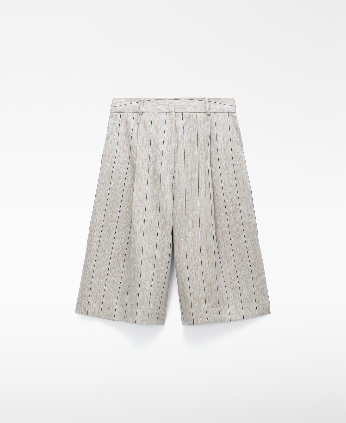 Bermudas Às Riscas em Linho Europeu Castanho / Branco gasto-5
