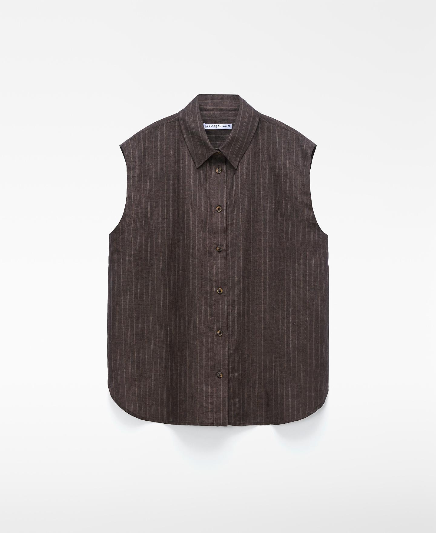 Camisa Às Riscas em Linho Europeu Castanho / Branco gasto-5