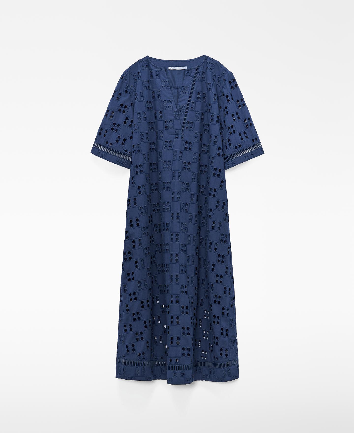 Vestido Comprido Tipo Kaftan com Bordado Inglês Azul-índigo-5