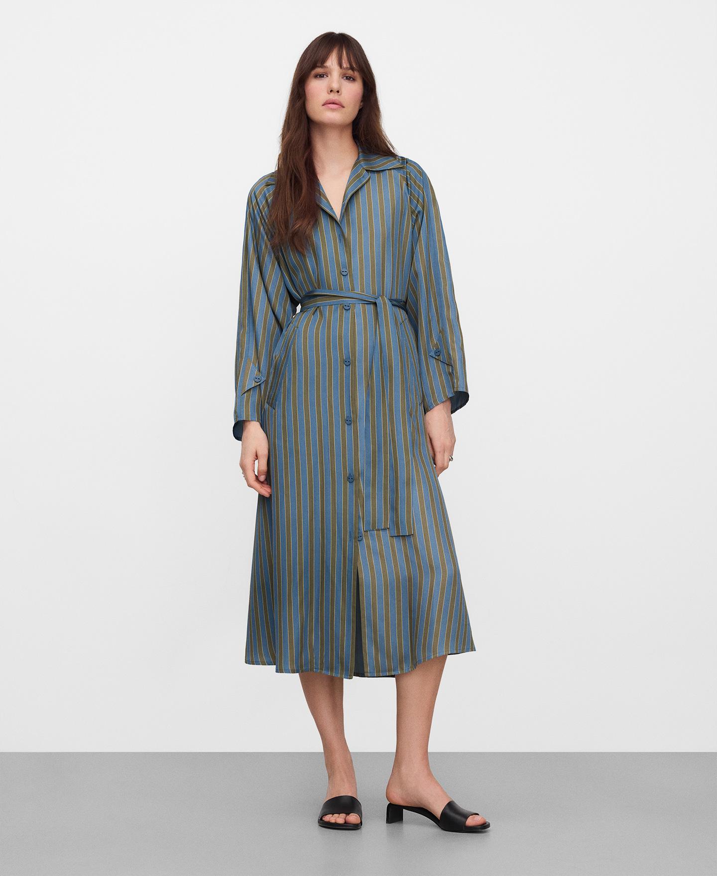 Vestido Midi Tipo Camisa Assimétrico Às Riscas Carvalho / Azul-5