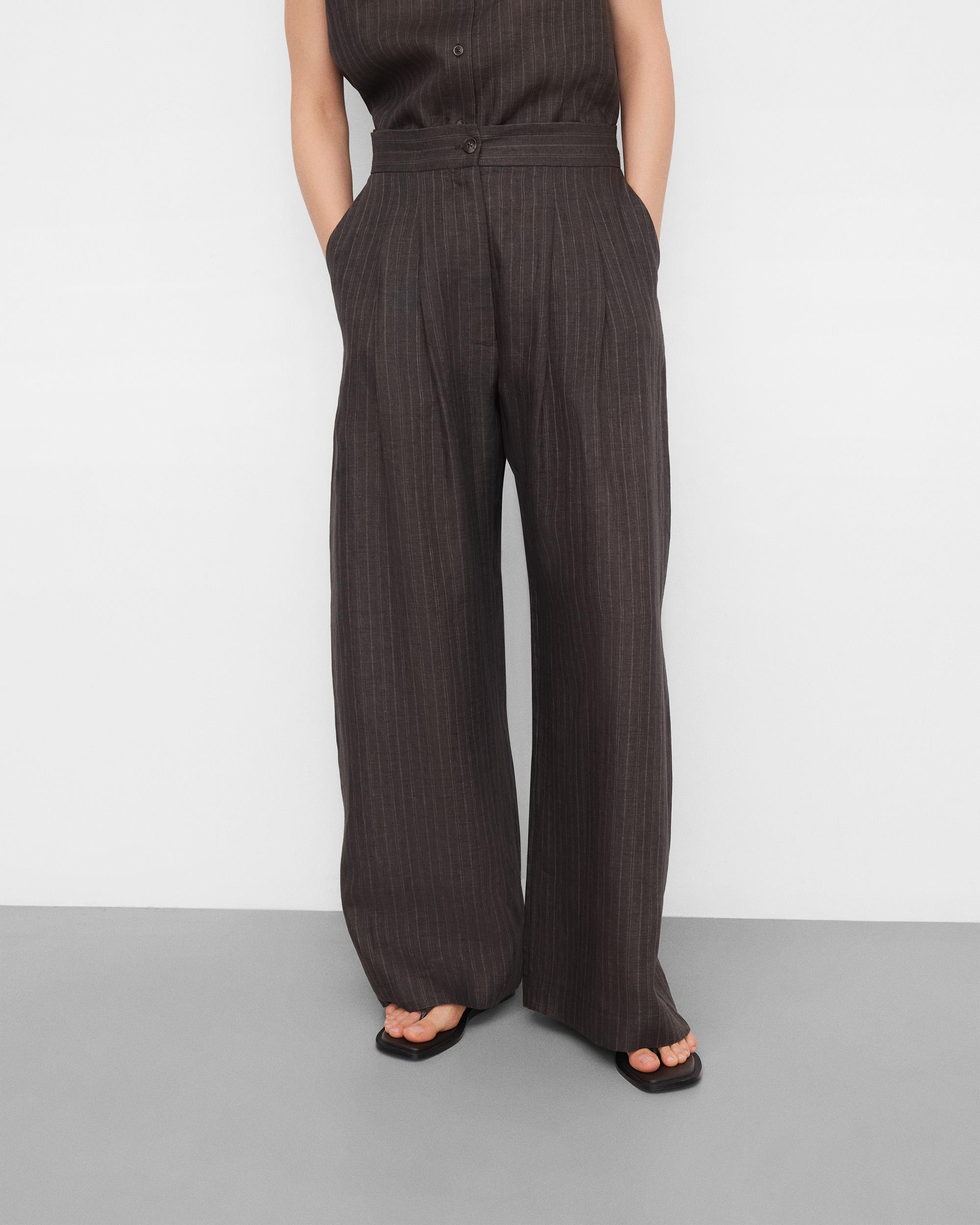 Imagem 0 de Calças com Corte a Direito Às Riscas em Linho Europeu