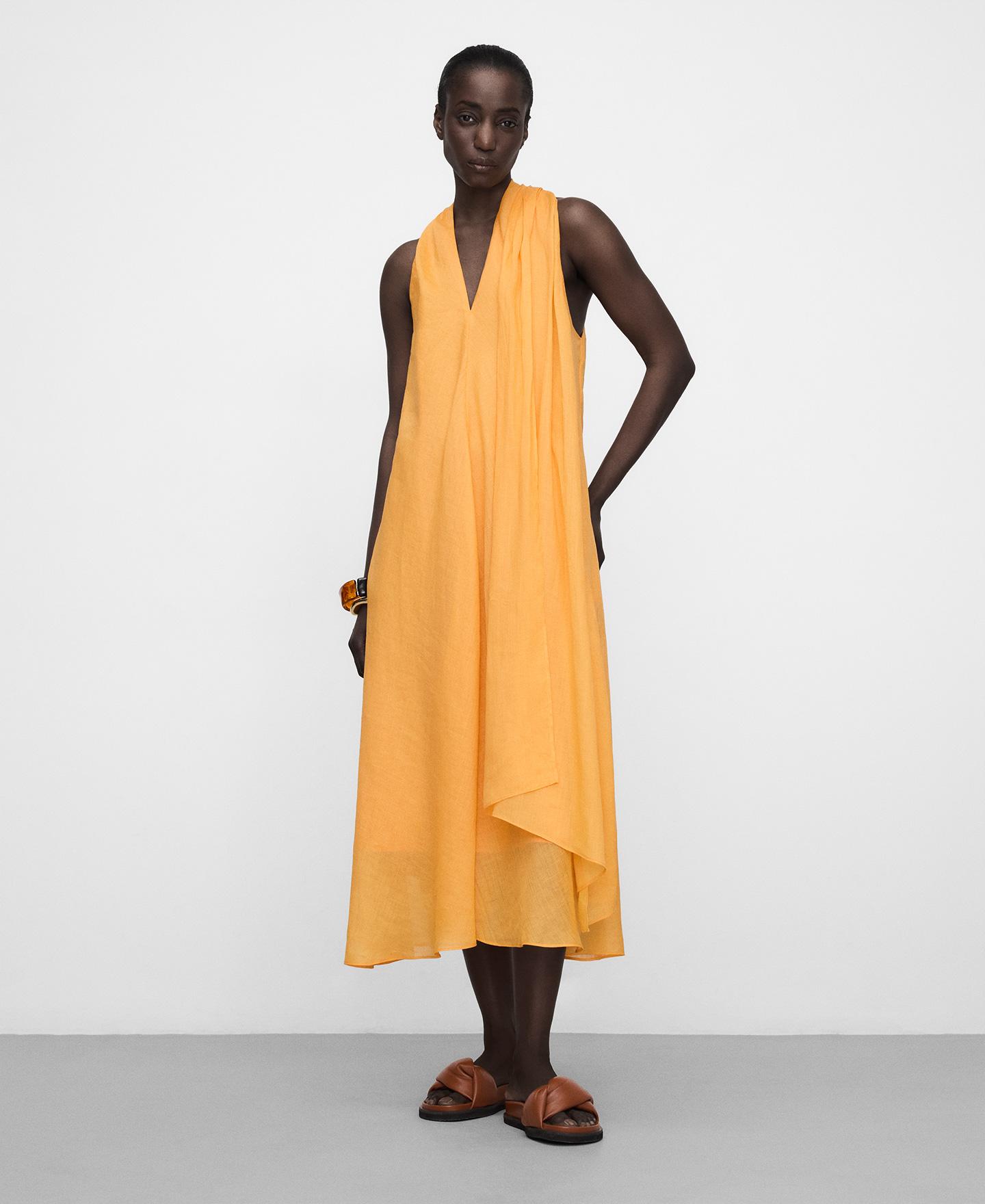 Vestido Comprido com Gola Cachecol Amarelo-2