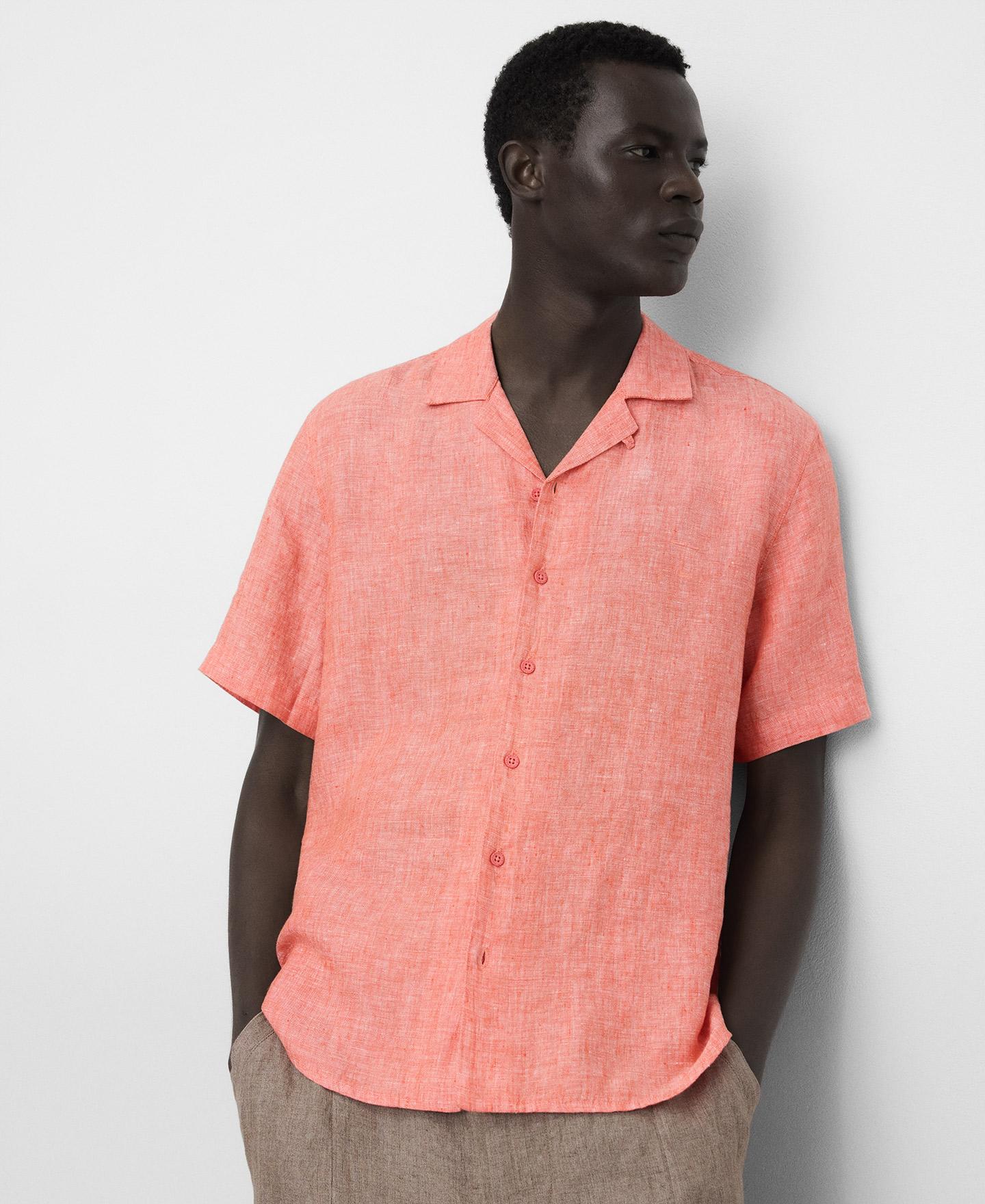 Camisa de Linho com Gola Bowling em Linho Europeu Pêssego-1