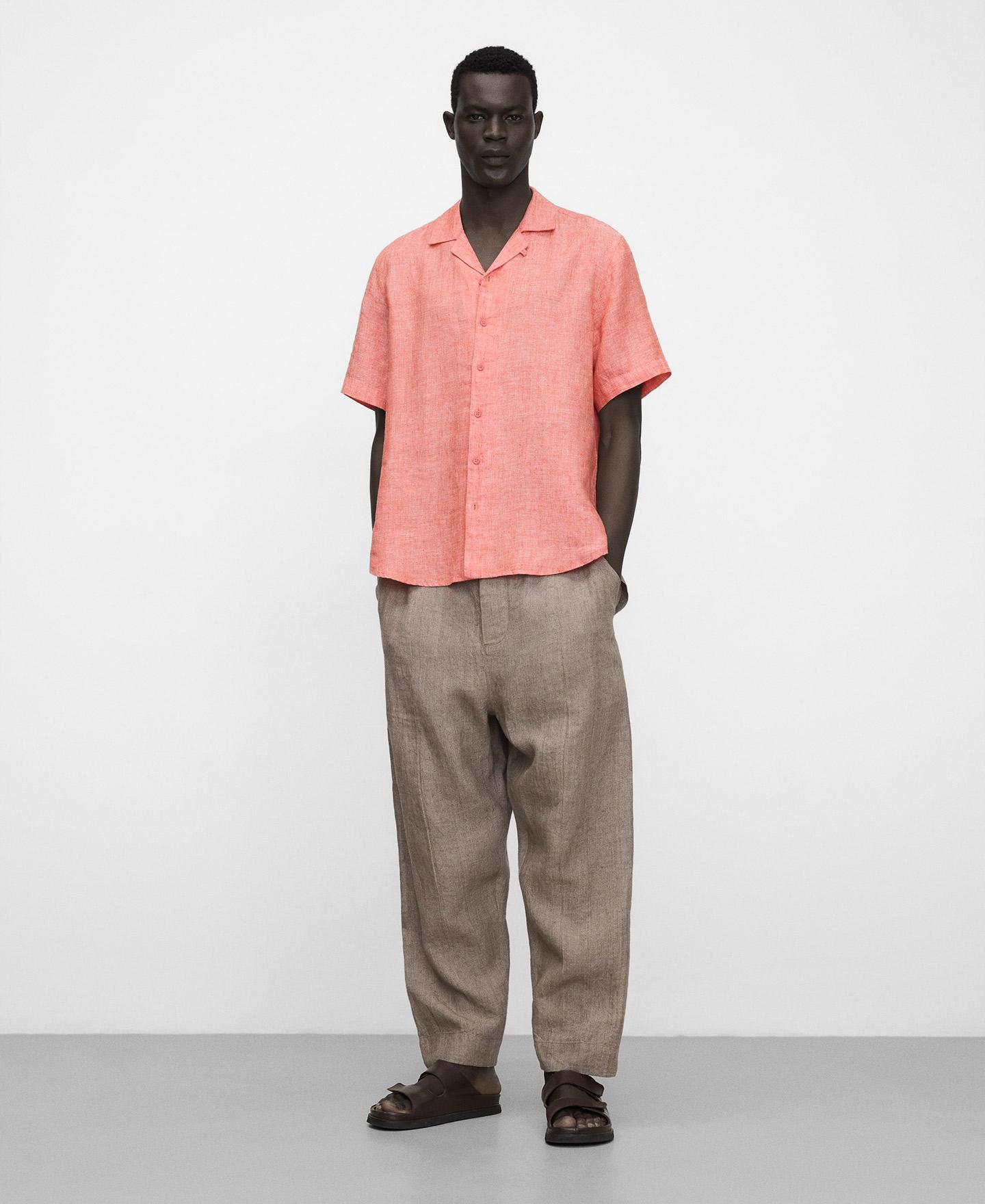 Camisa de Linho com Gola Bowling em Linho Europeu Pêssego-2