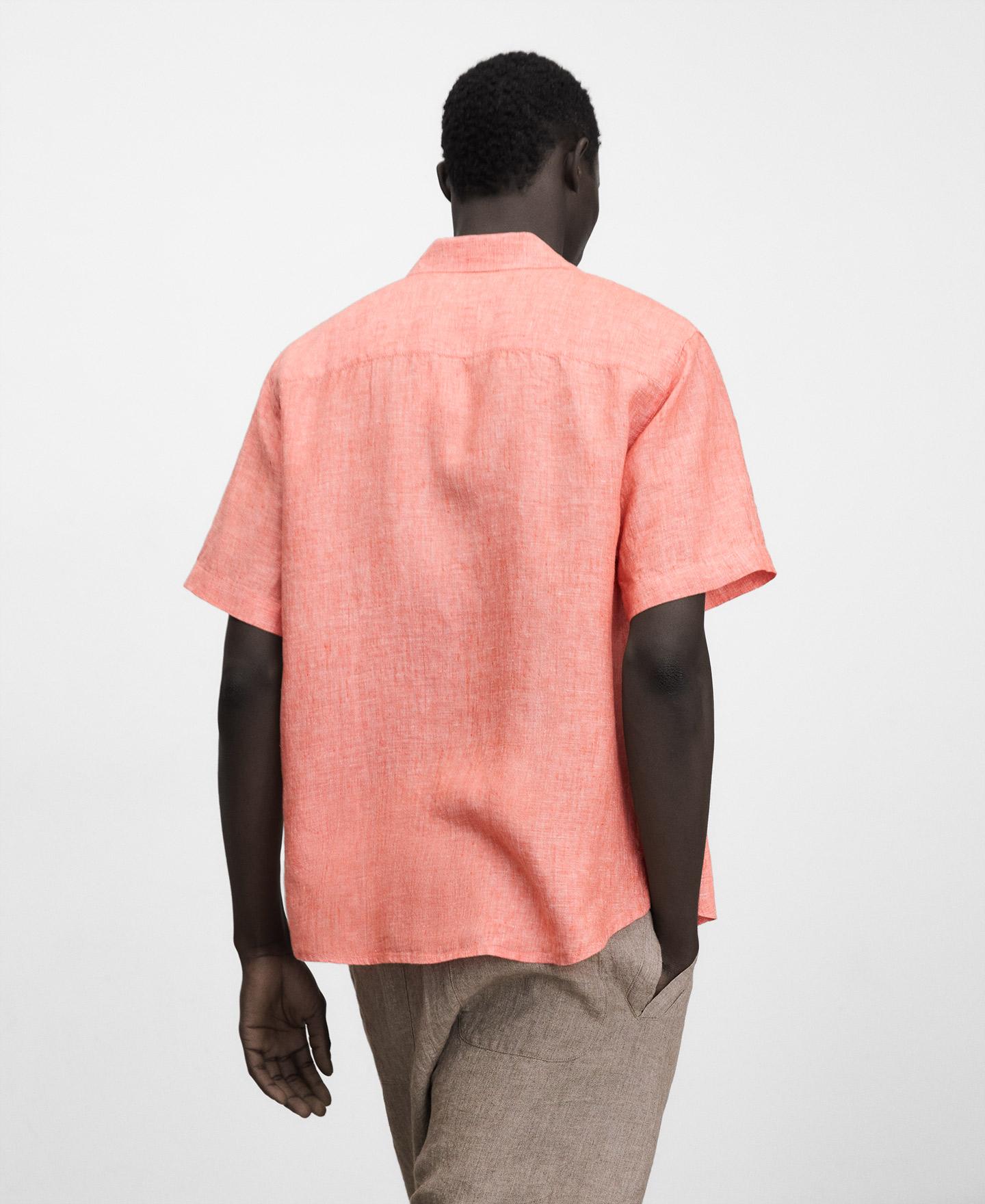Camisa de Linho com Gola Bowling em Linho Europeu Pêssego-3