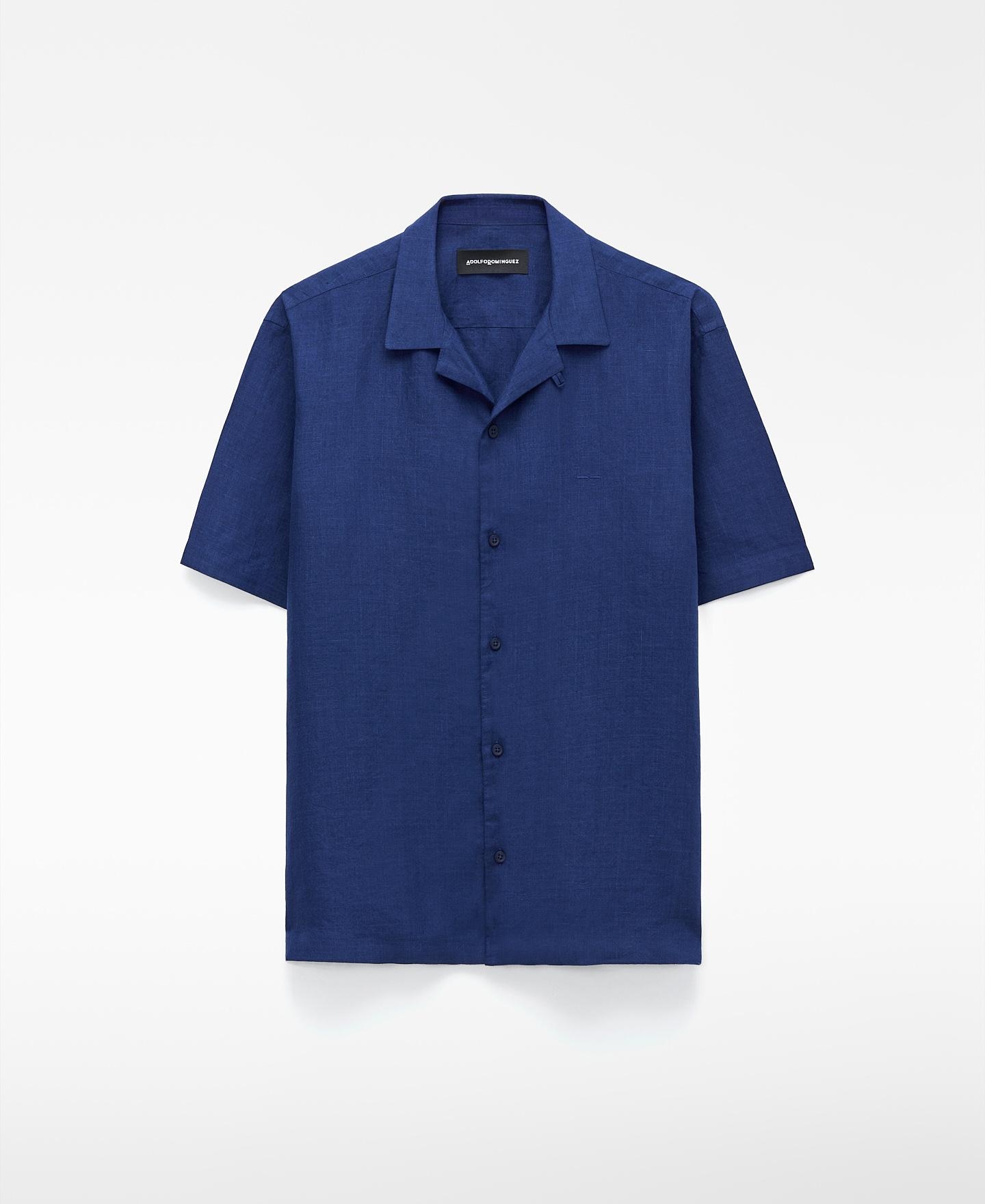 Camisa de Linho de Gola Bowling em Linho Europeu Índigo-5