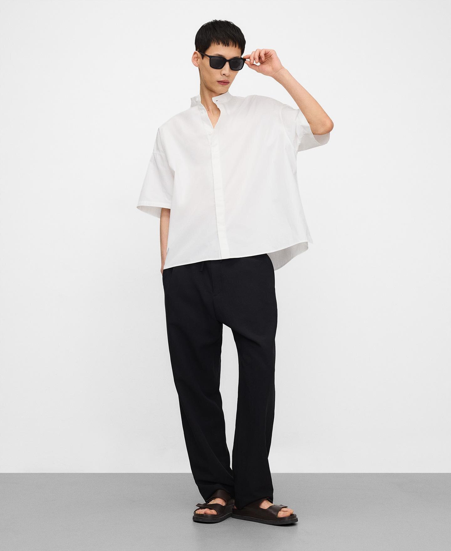 Camisa com Gola À Padre Boxy Oversize em Algodão Orgânico Branco-2
