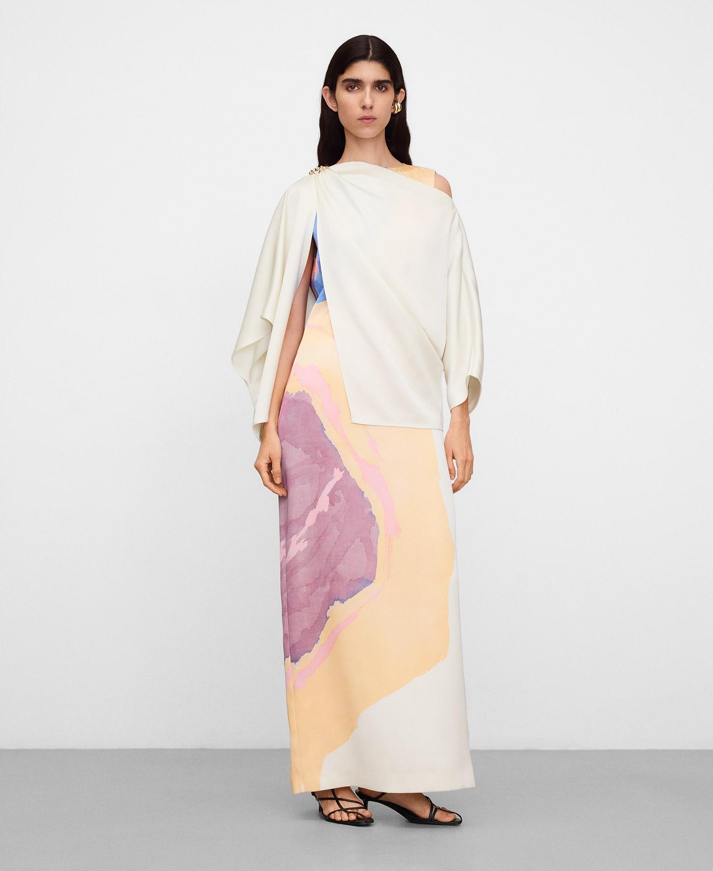 Vestido Comprido Estampado com Capa Sobreposta Multicolor-5