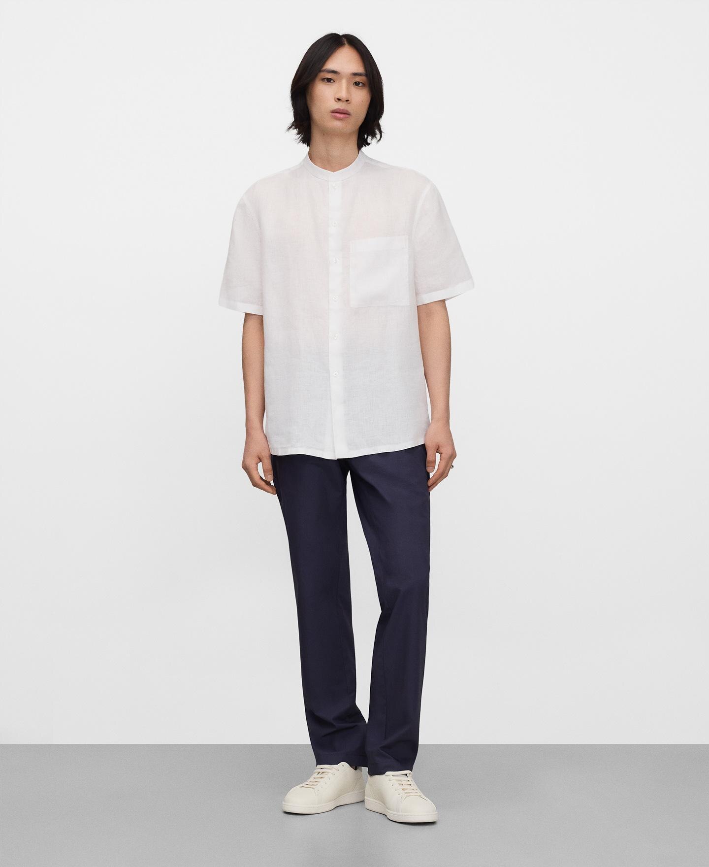 Camisa de Gola À Padre de Manga Curta em Linho Europeu Branco-2