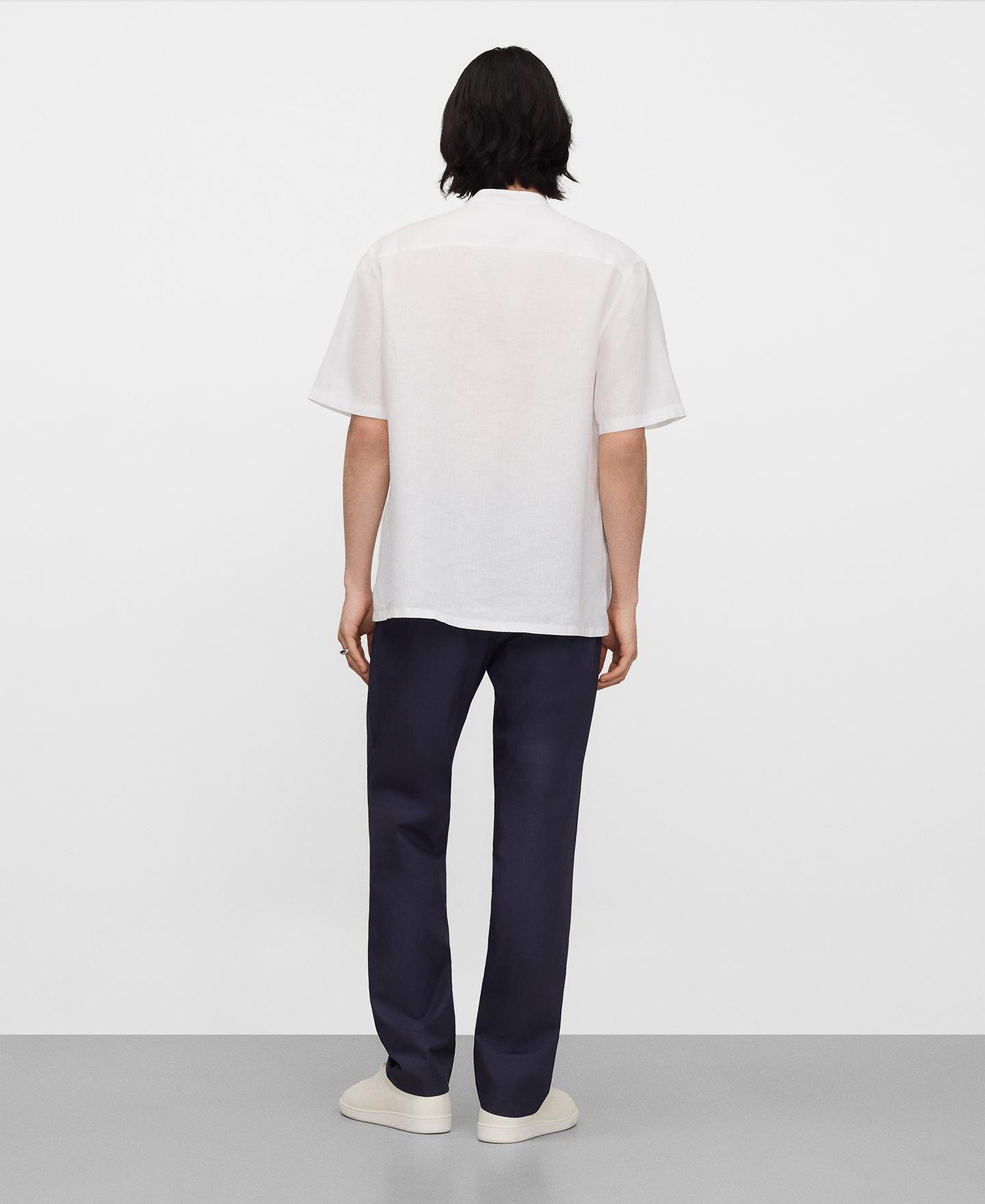 Camisa de Gola À Padre de Manga Curta em Linho Europeu Branco-3