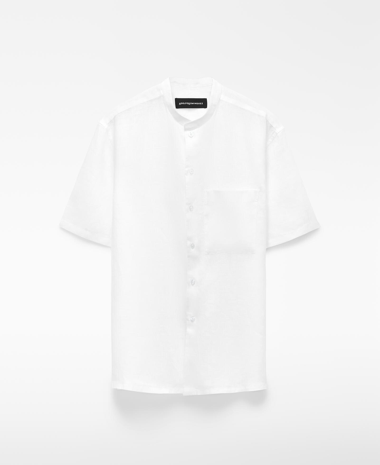 Camisa de Gola À Padre de Manga Curta em Linho Europeu Branco-5