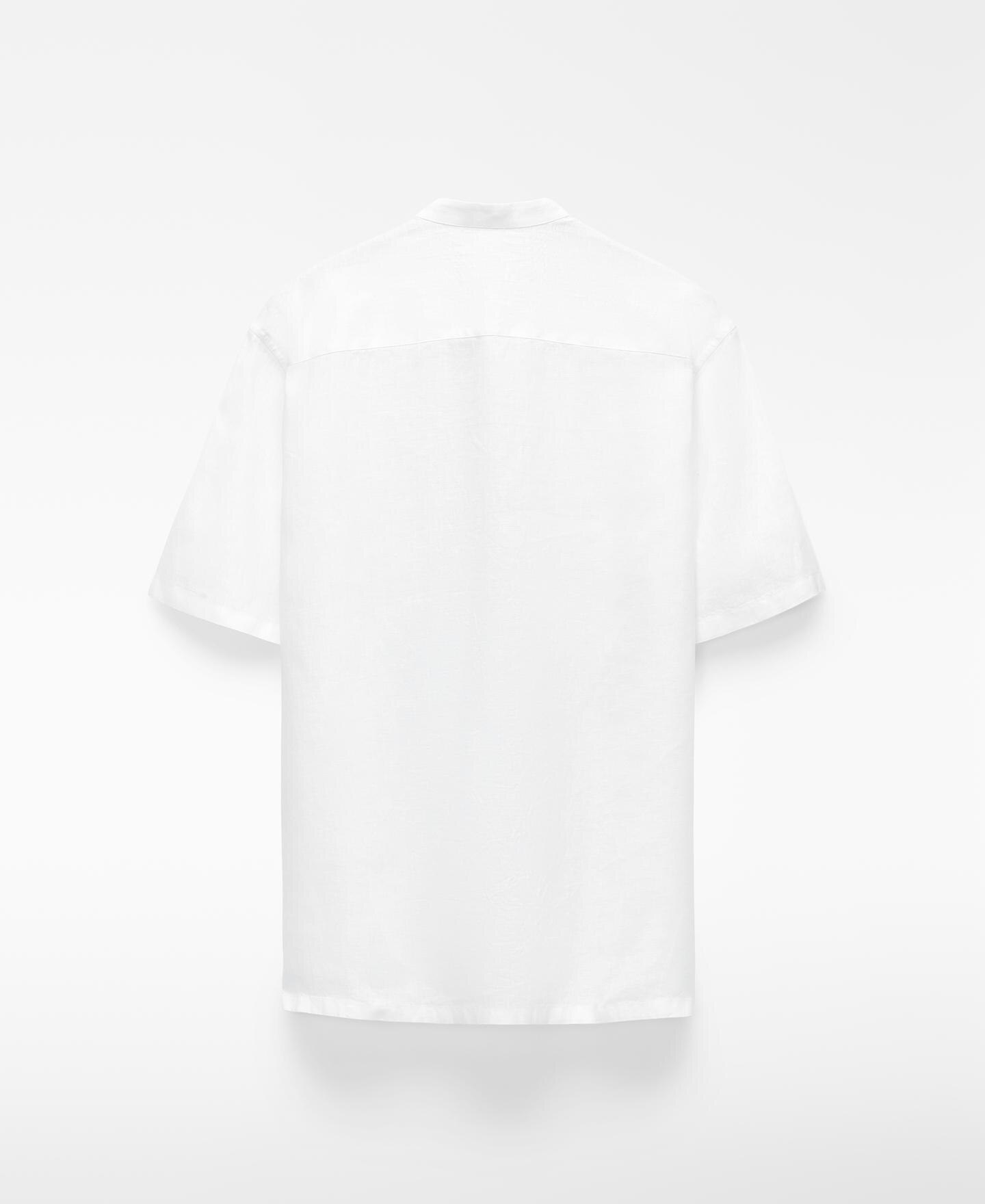 Camisa de Gola À Padre de Manga Curta em Linho Europeu Branco-6