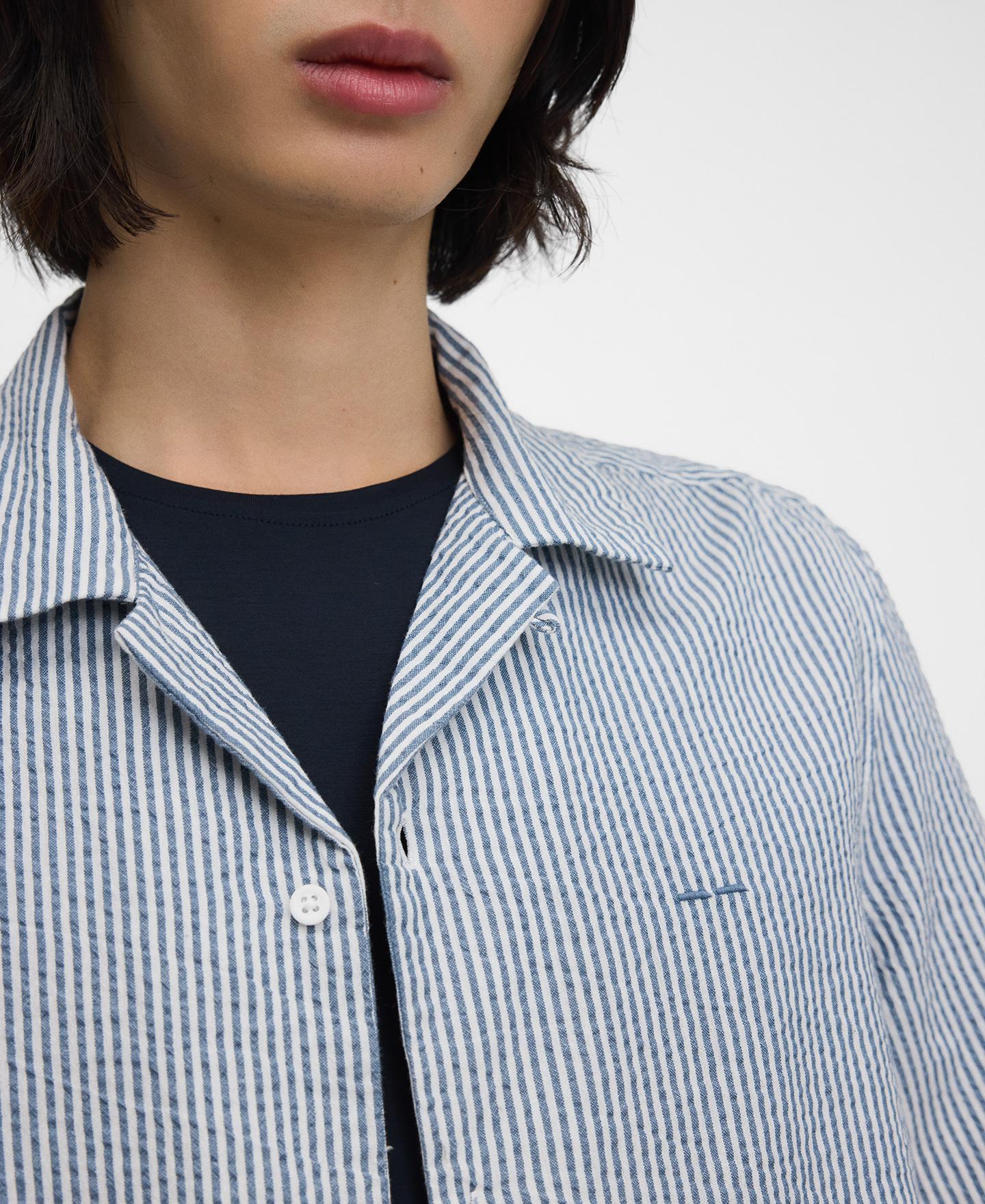 Camisa em Tecido Seersucker de Algodão Branco / Azul-4