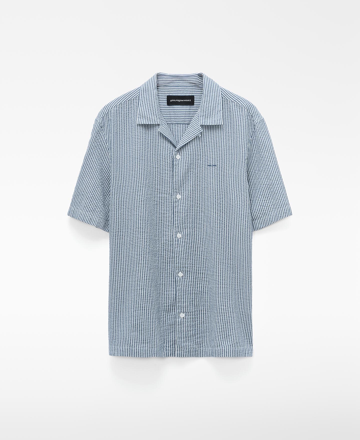 Camisa em Tecido Seersucker de Algodão Branco / Azul-5