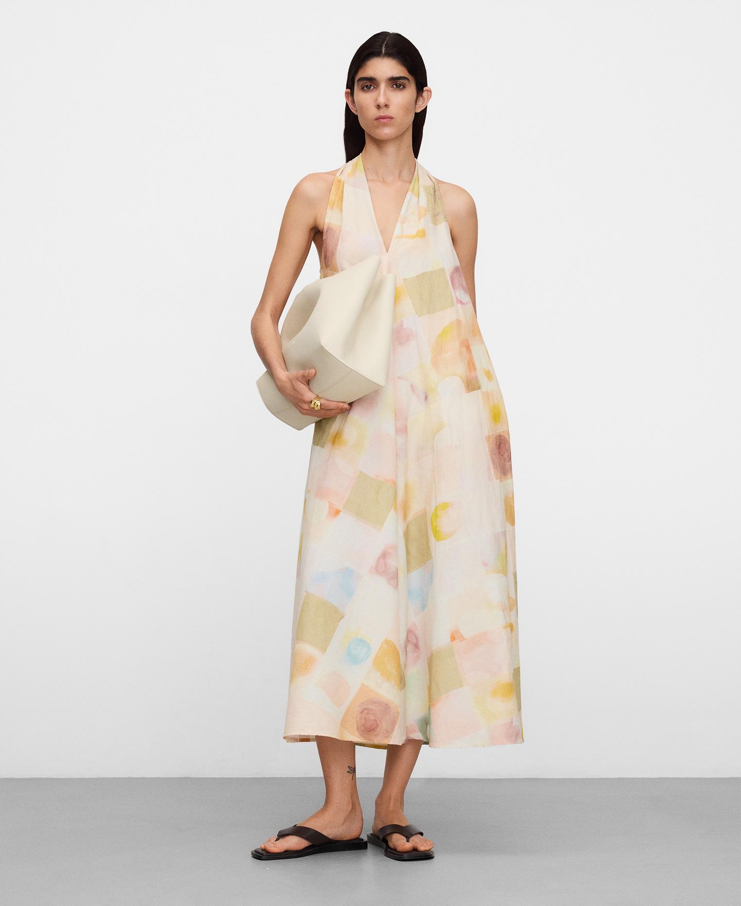 Vestido Comprido Estampado com Decote em V Multicolor-2