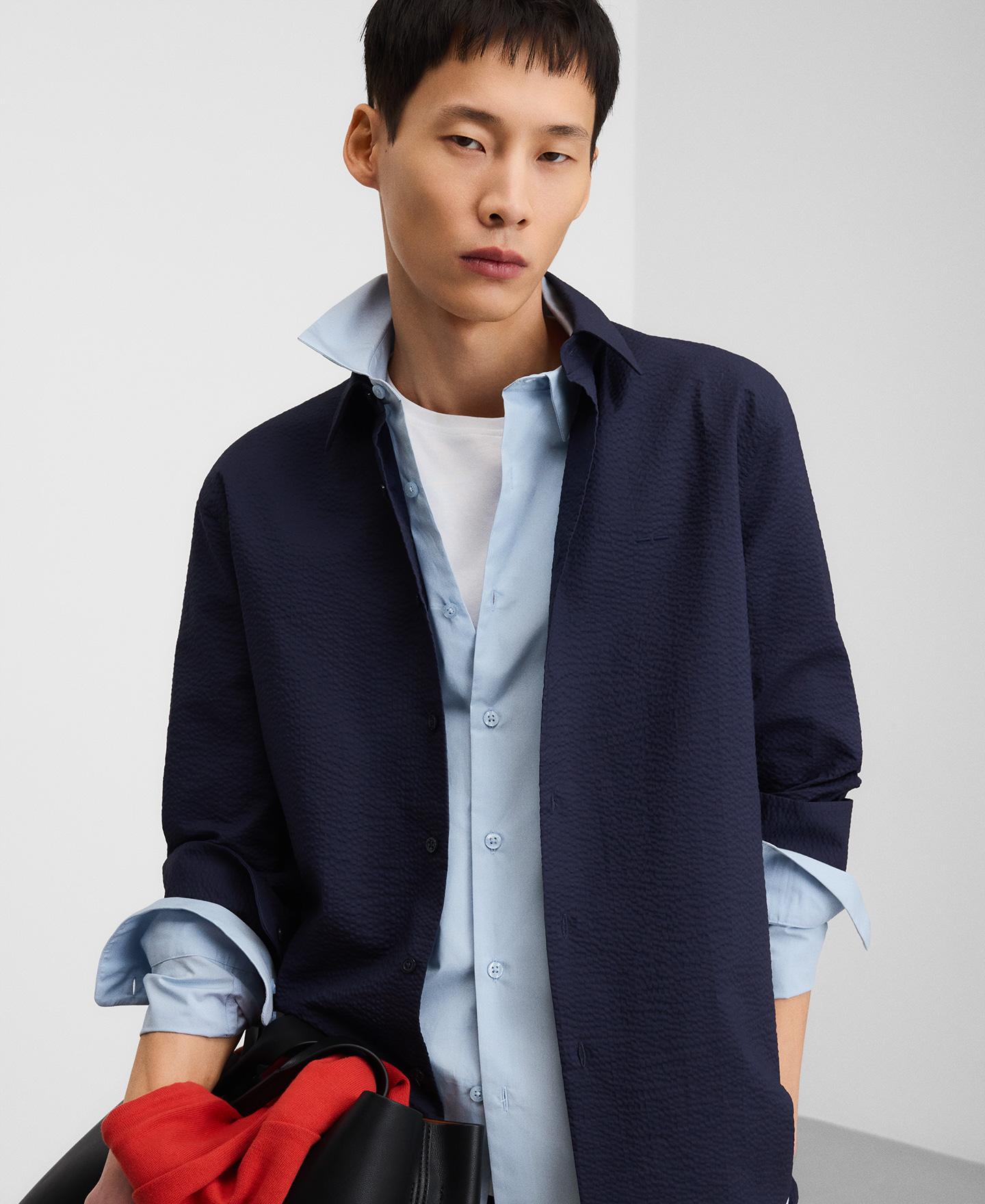 Camisa Formal em Tecido Seersucker de Algodão Azul-marinho-5