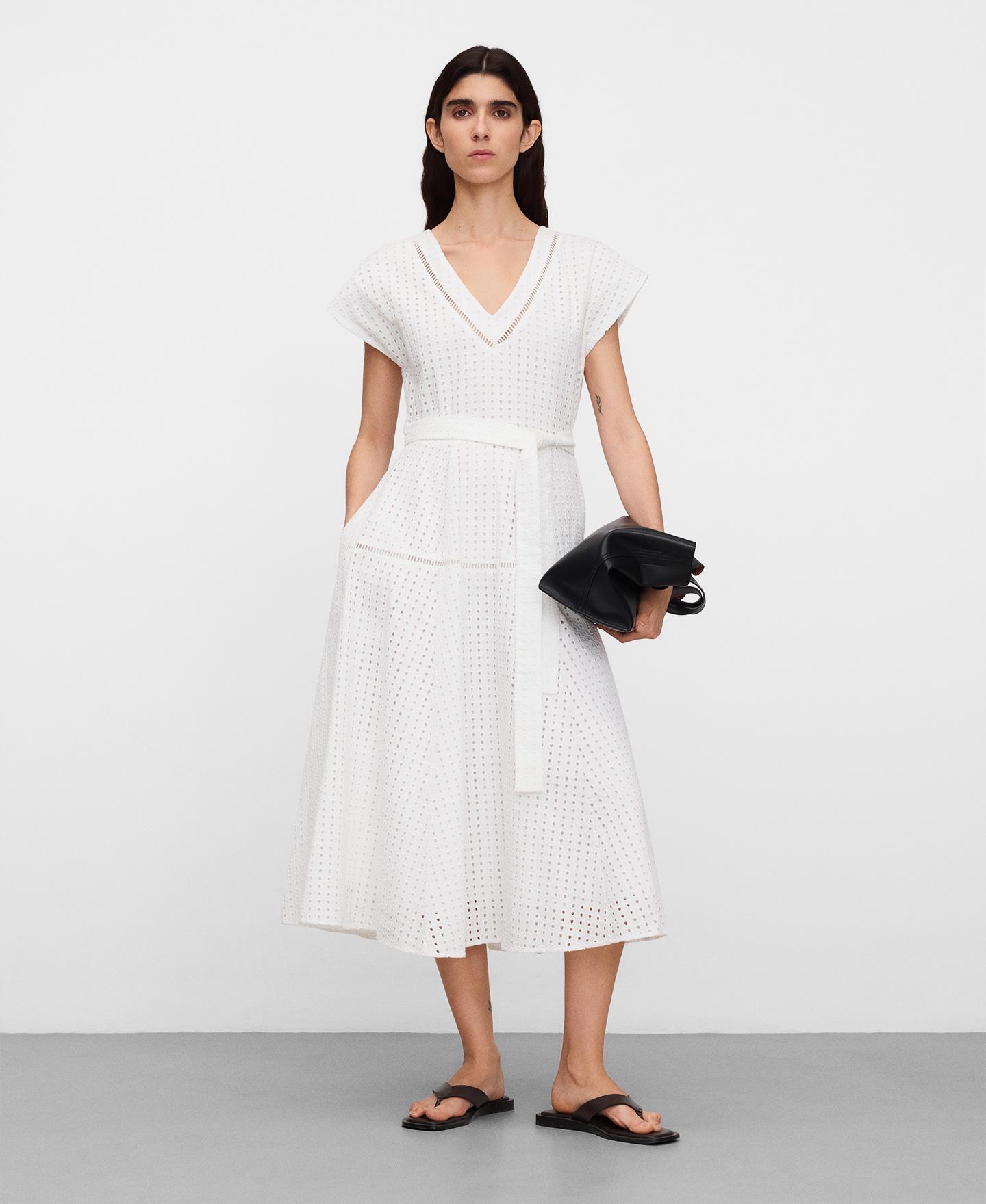 Vestido Midi com Decote em V em Popelina Branco-2