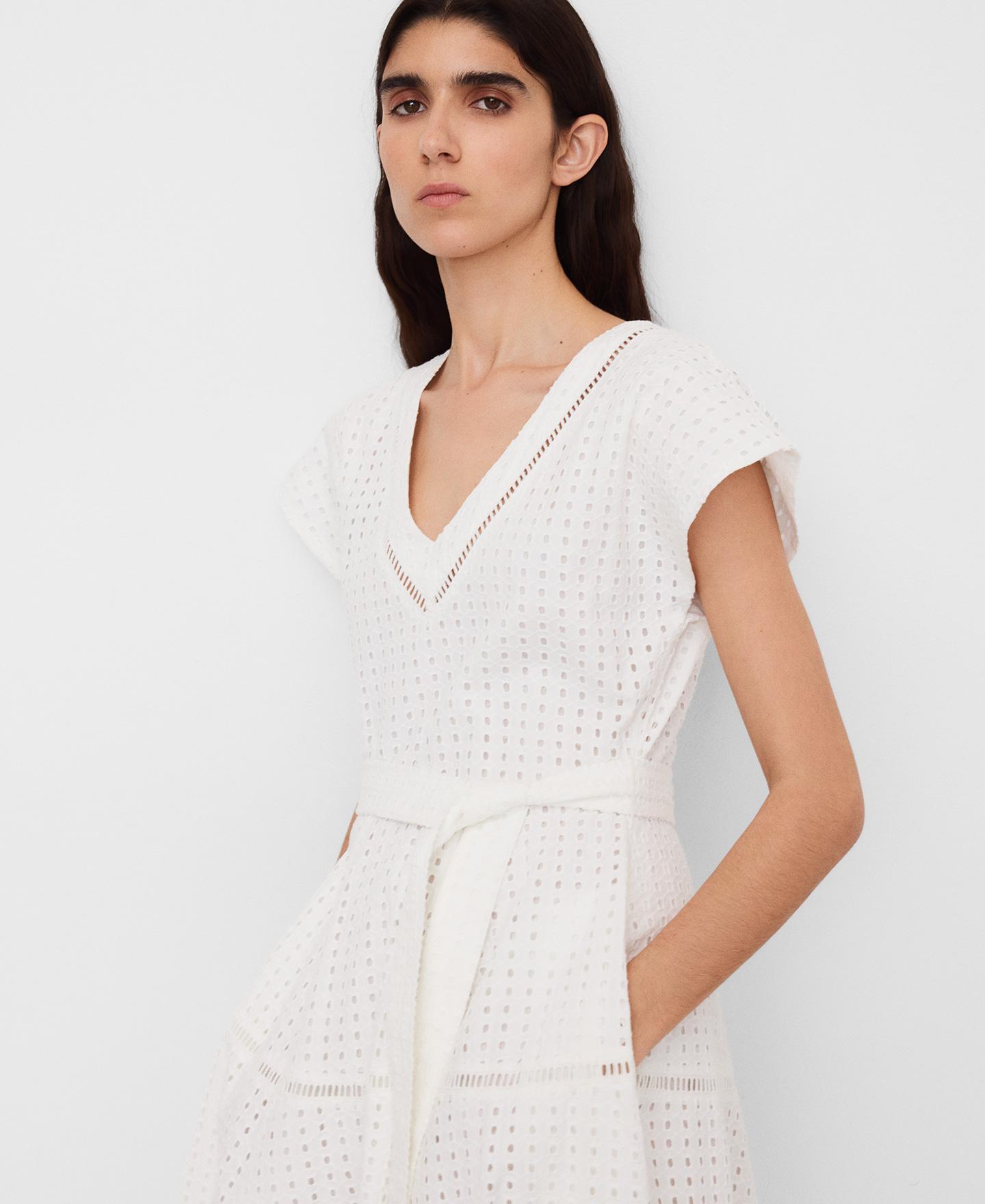 Vestido Midi com Decote em V em Popelina Branco-4