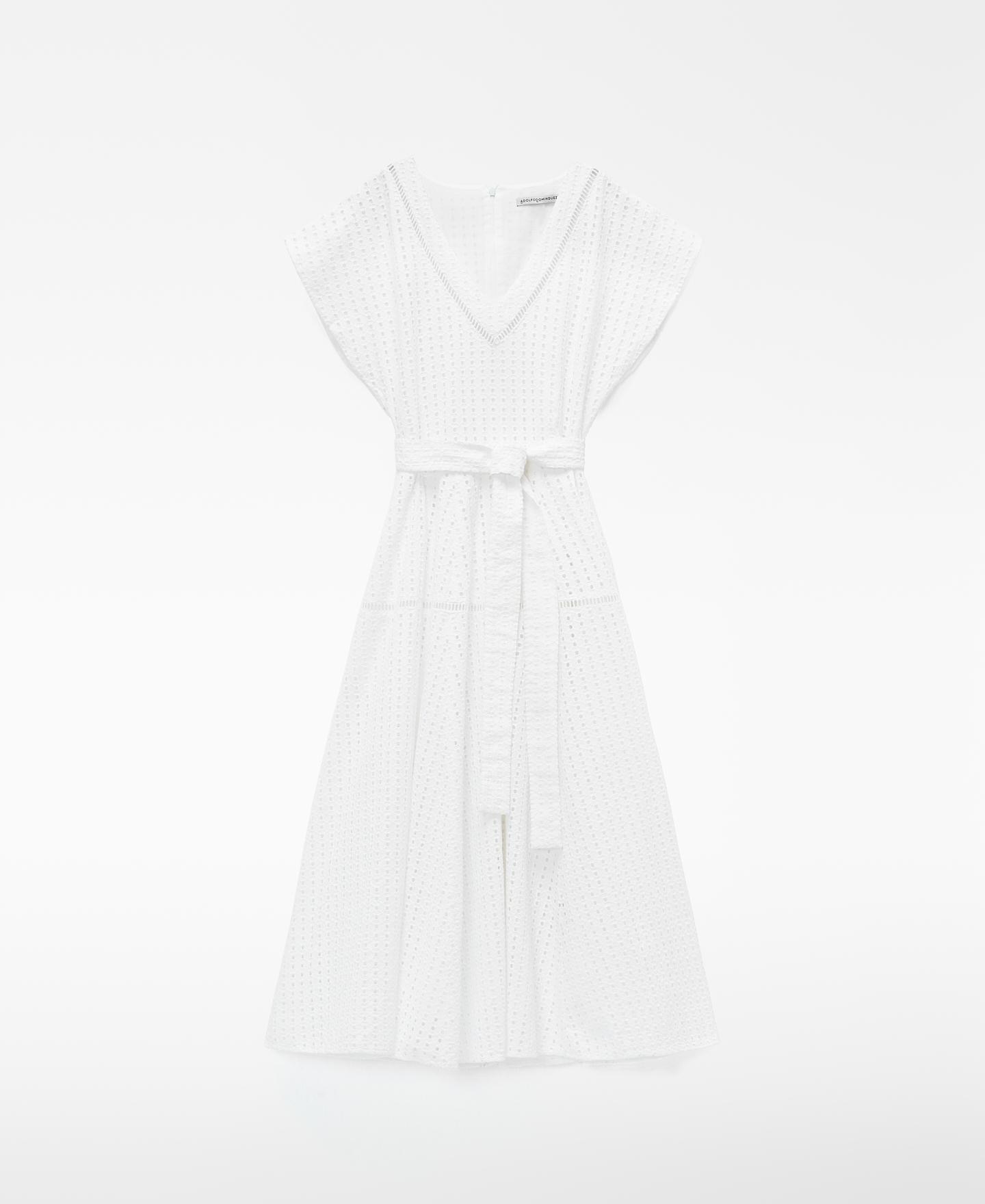 Vestido Midi com Decote em V em Popelina Branco-5