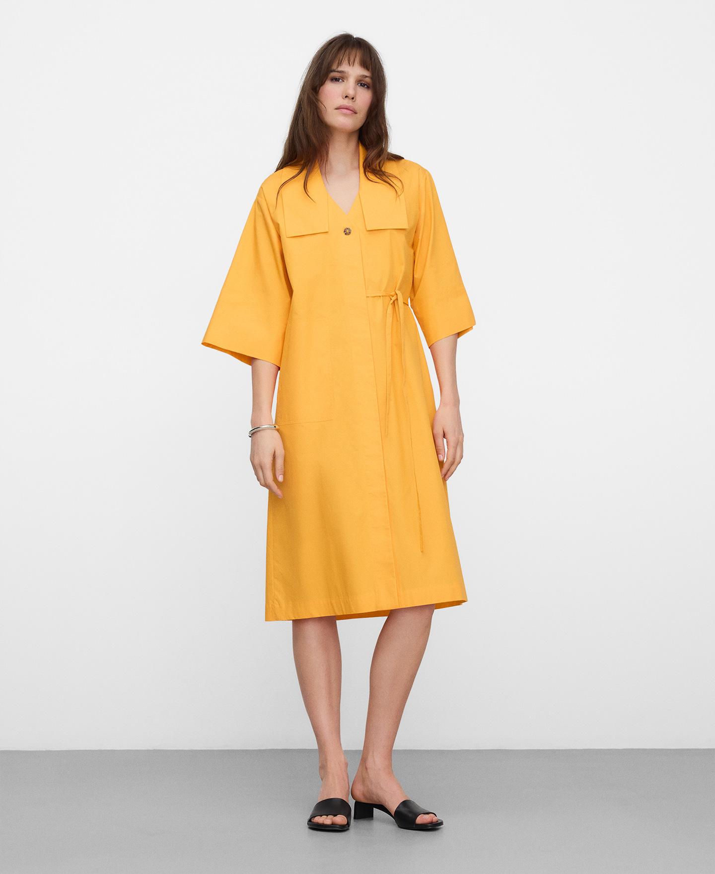 Vestido Midi Tipo Camisa com Lapela Quadrada Amarelo-2