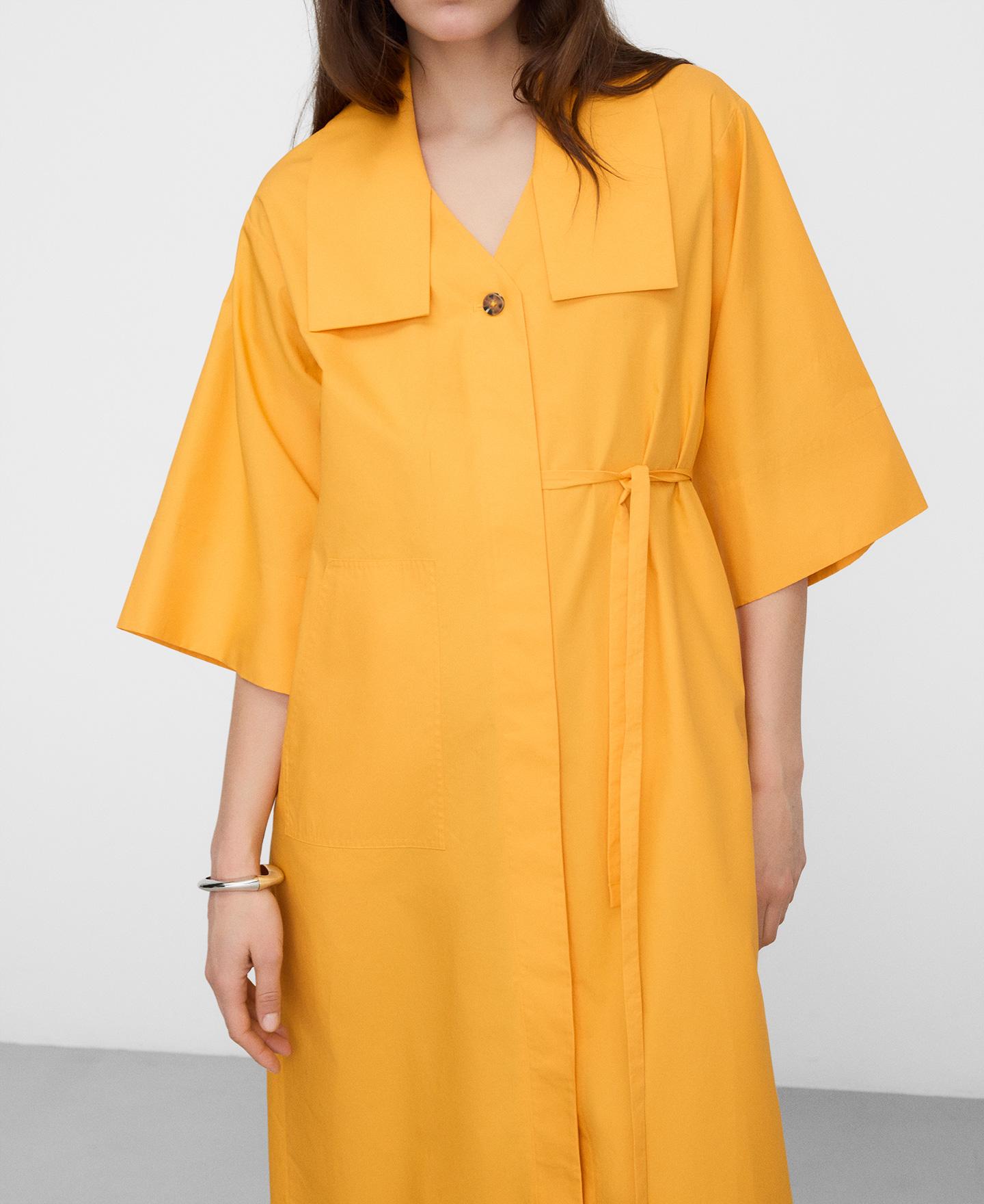 Vestido Midi Tipo Camisa com Lapela Quadrada Amarelo-4