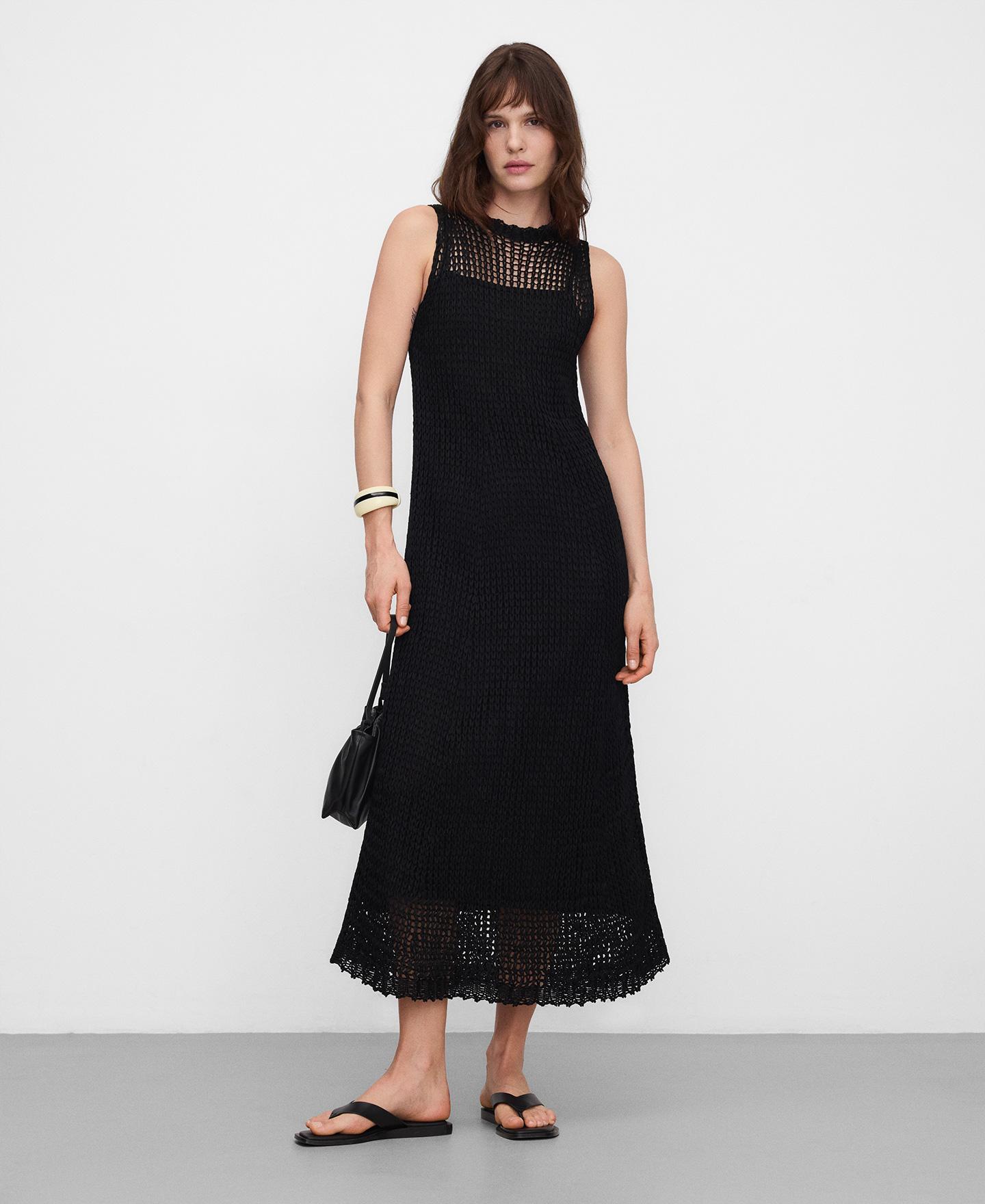Vestido Comprido em Malha de Cupro Perfurada Preto-2