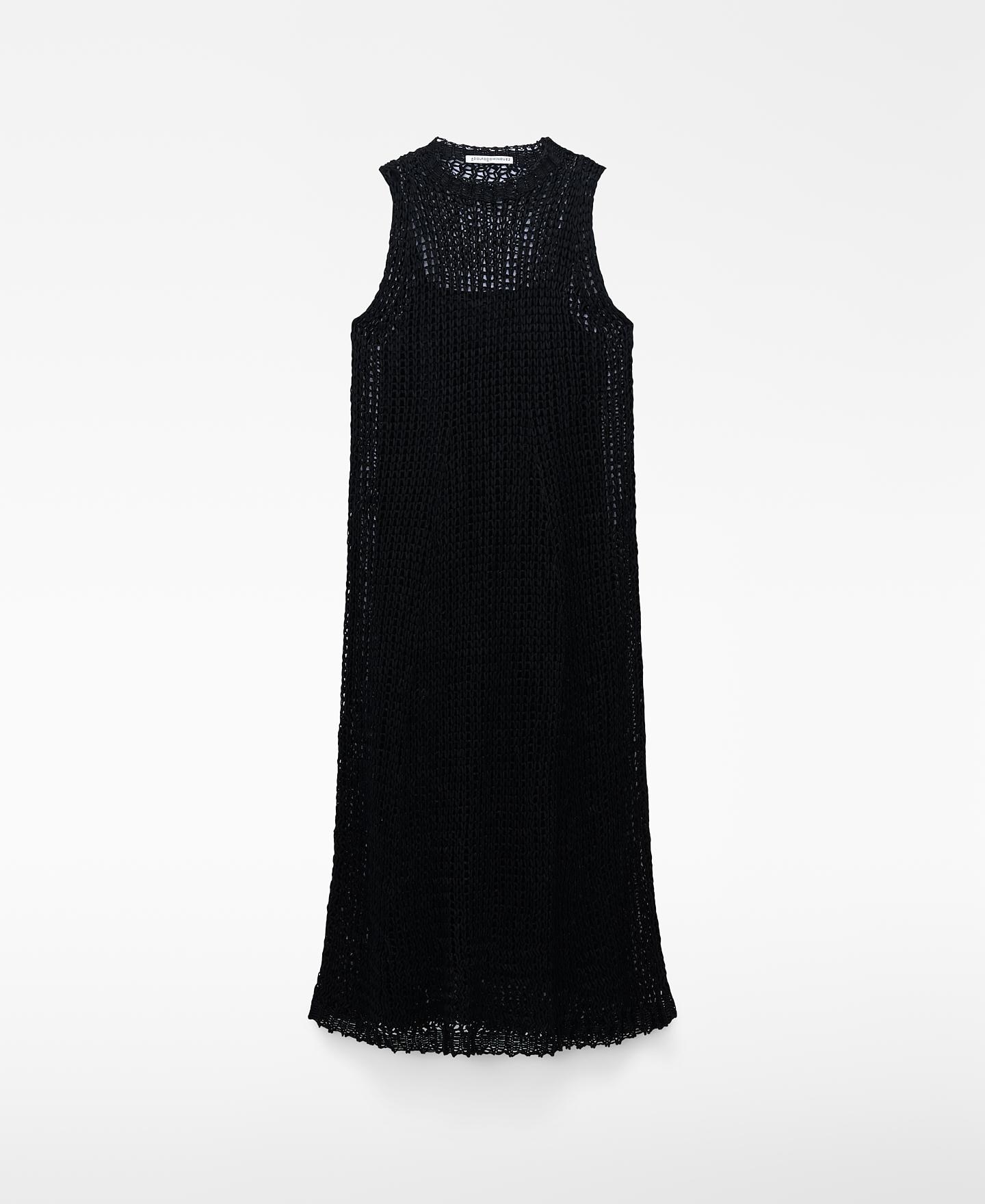 Vestido Comprido em Malha de Cupro Perfurada Preto-5