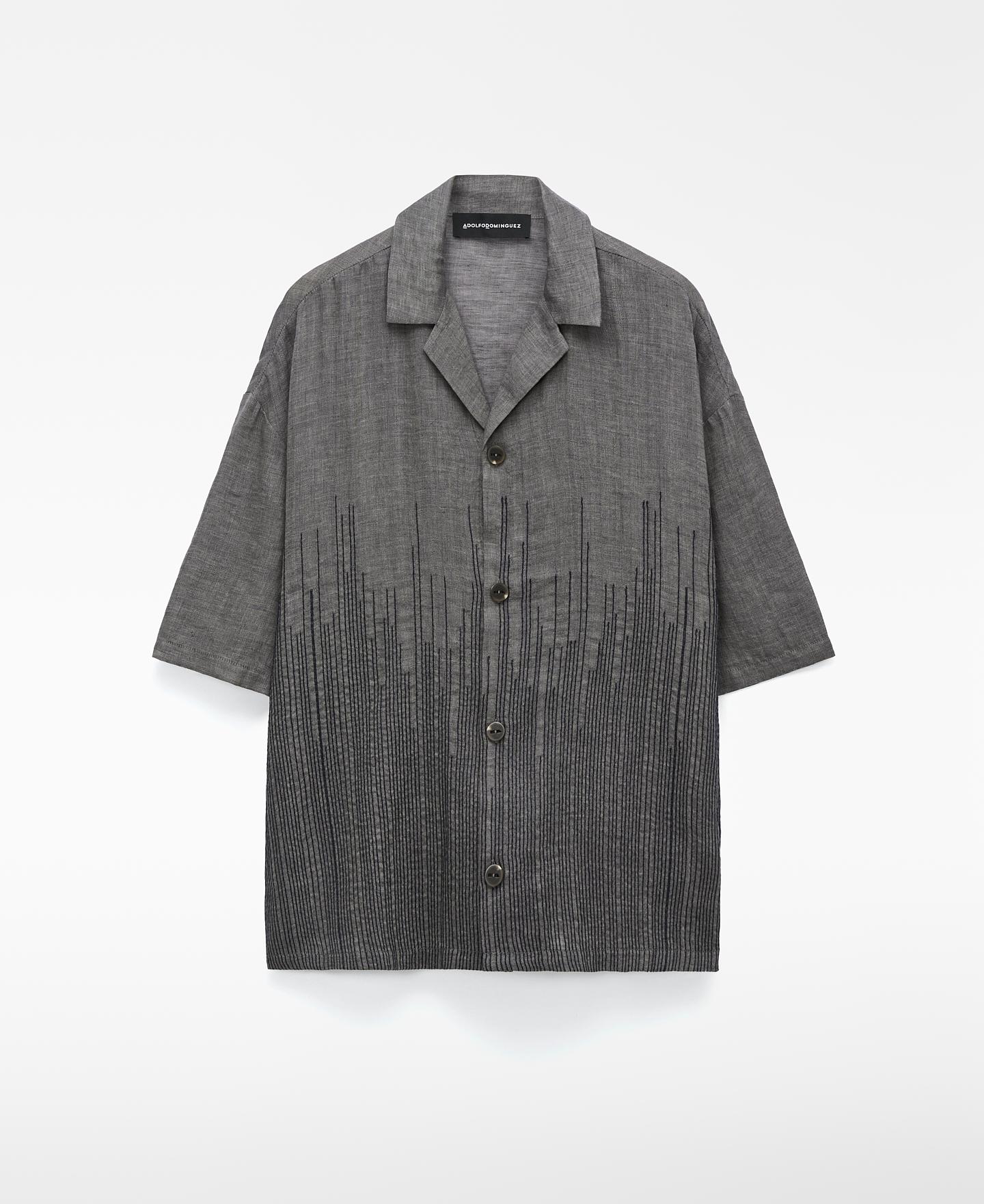 Camisa de Linho de Manga Curta Bordada Cinzento-5