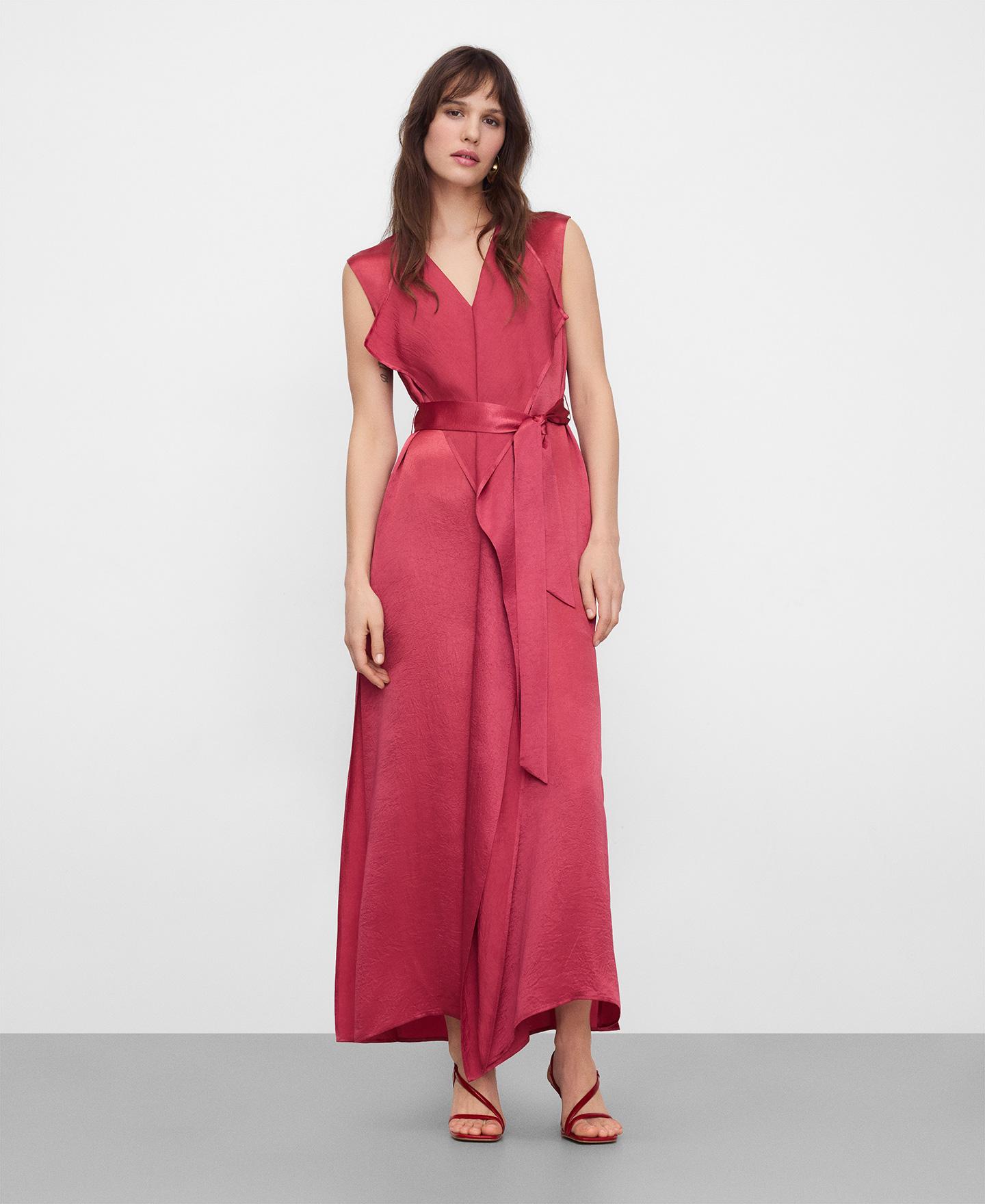 Vestido Comprido Acetinado com Tecido Franzido Morango-2