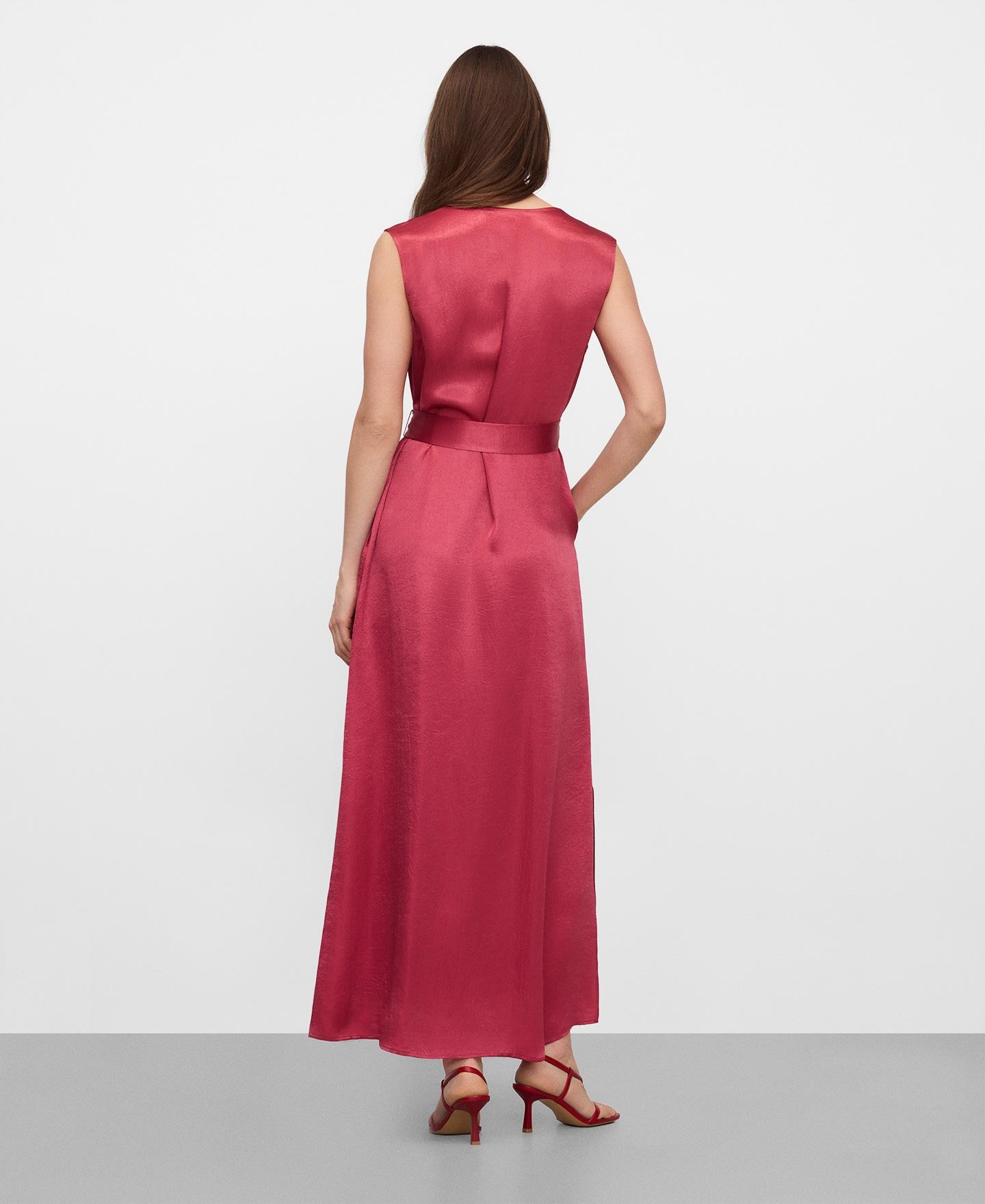 Vestido Comprido Acetinado com Tecido Franzido Morango-3