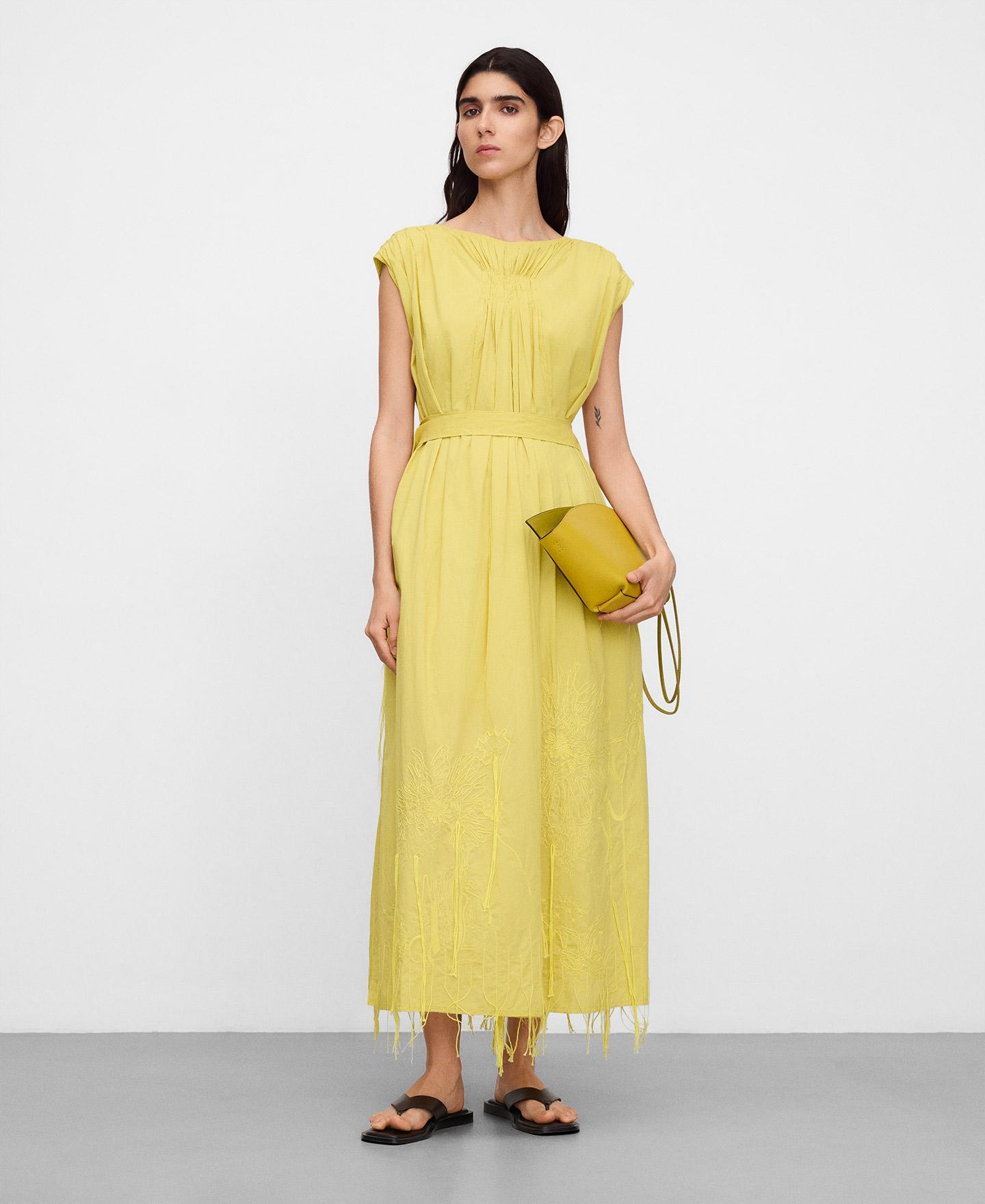 Vestido Comprido Bordado com Franjas em Algodão Amarelo-limão-2